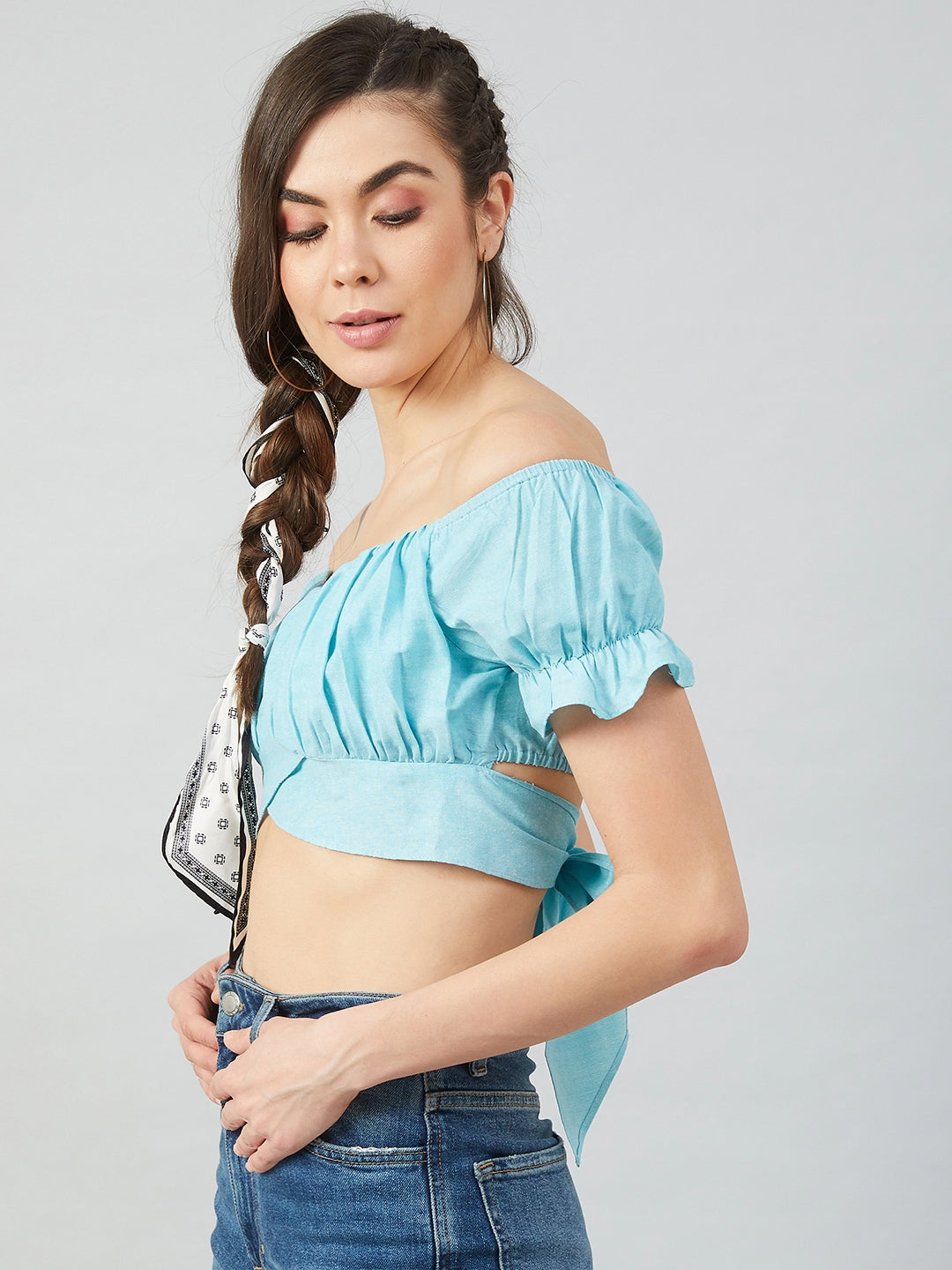 Athena Women Blue Off-Shoulder Puff Sleeves Linen Bardot Crop Top