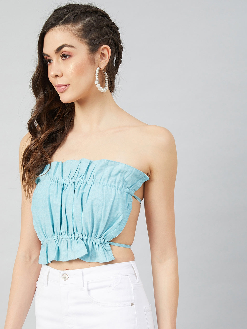 Athena Women Blue Linen Tube Crop Top