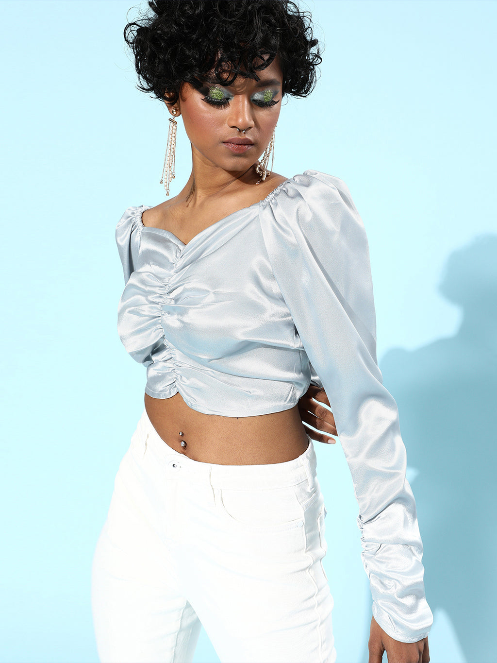 Athena Grey Sweetheart Neck Bishop Sleeves Satin Fitted Crop Top