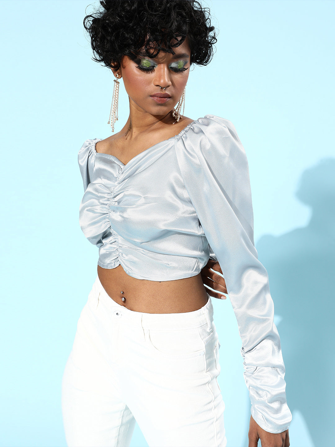 Athena Grey Sweetheart Neck Bishop Sleeves Satin Fitted Crop Top