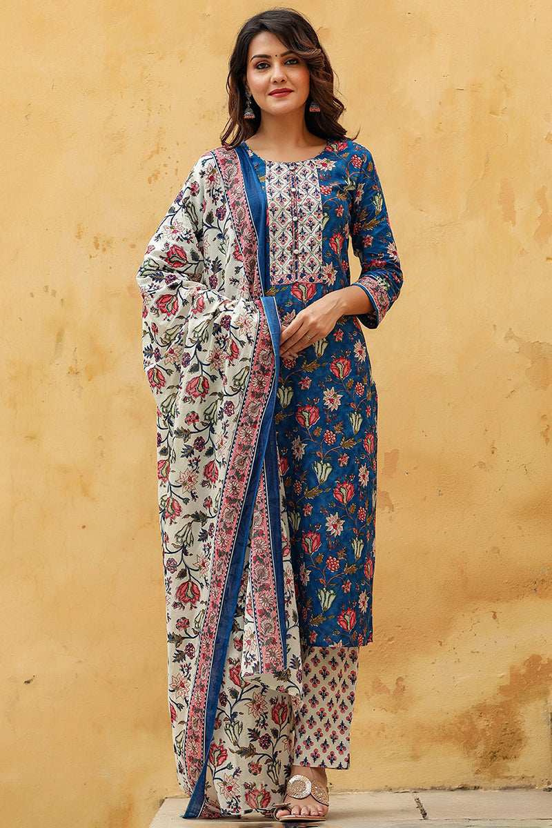 Blue Rayon Blend Floral Printed Straight Suit Set - Blue