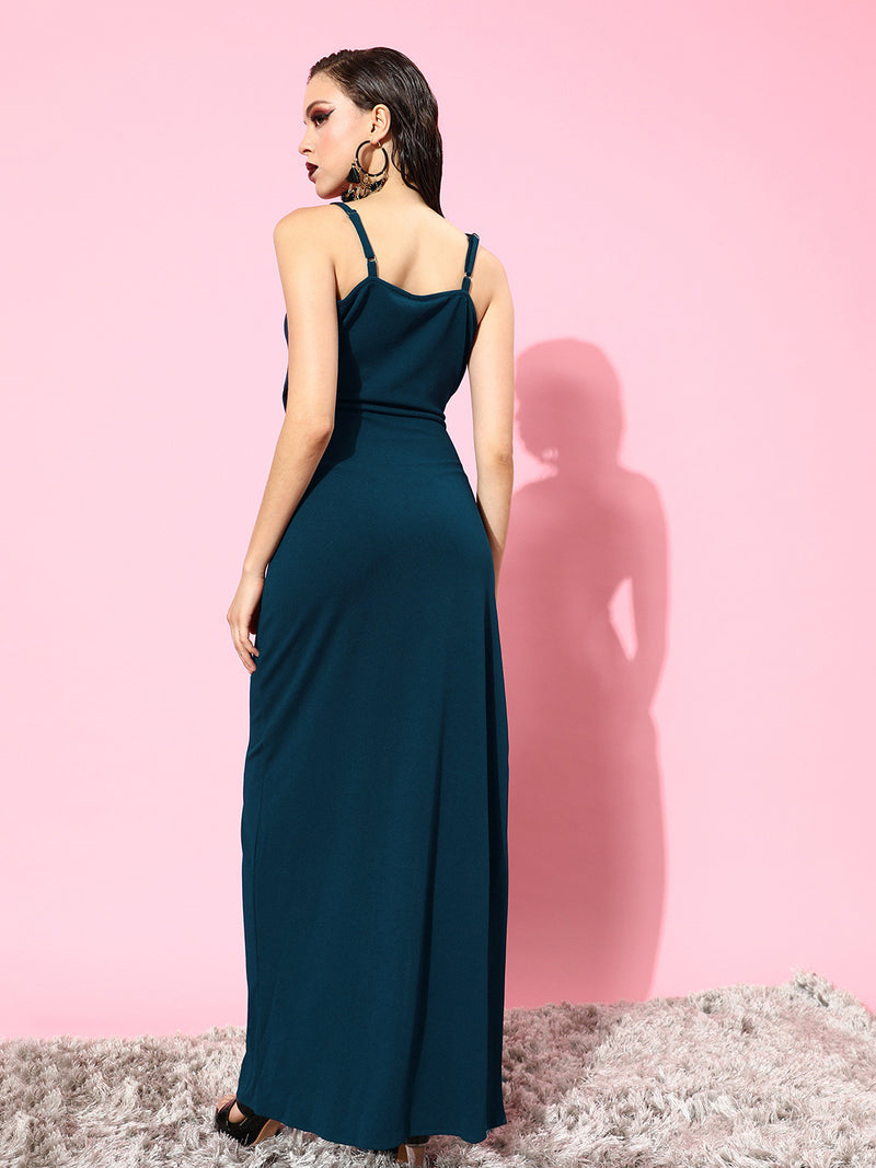Athena Teal Blue Side Gathered Maxi Dress