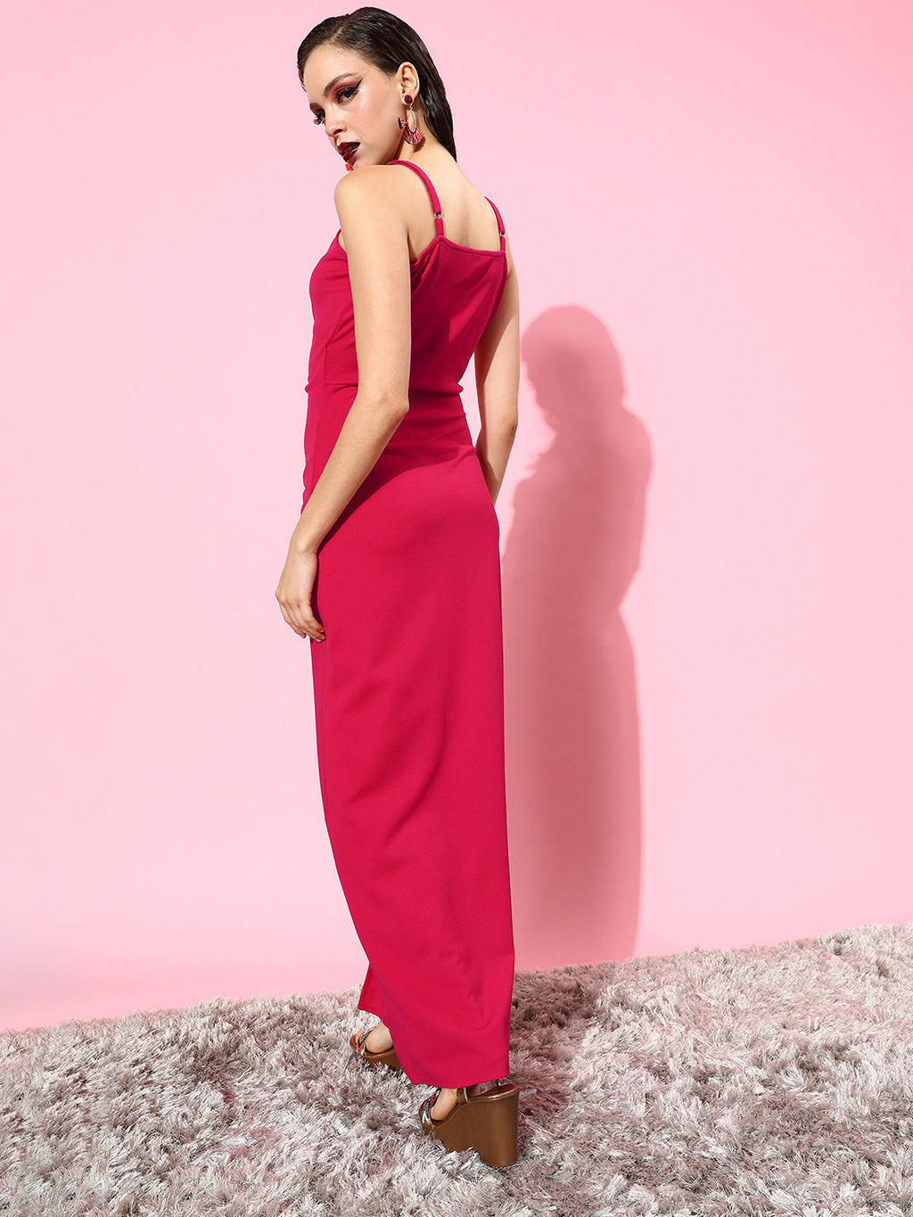 Athena Fuchsia Pink Shoulder Straps Side Gathered Maxi Dress