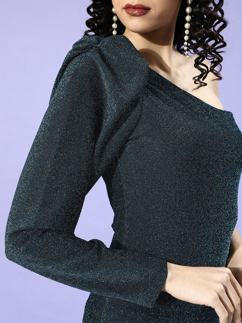 Athena Women Stylish Blue Embellished Asymmetry Dress