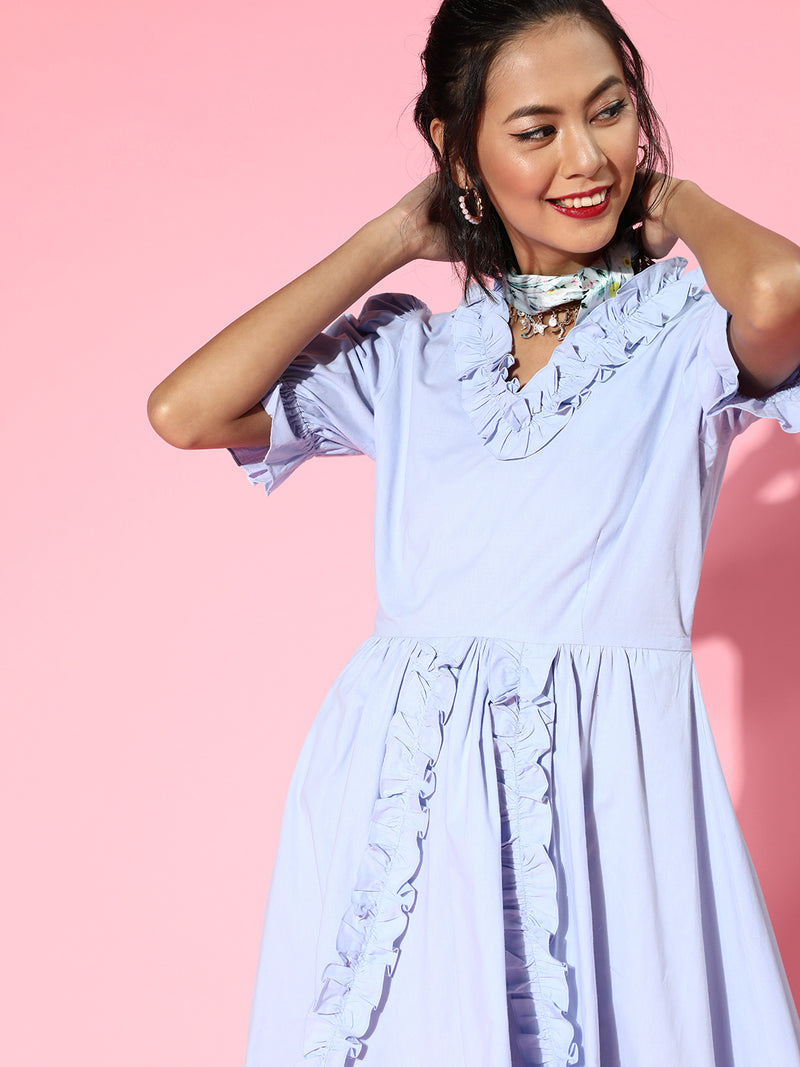 Athena lite blue cotton ruffle and Front BowDetail Dress