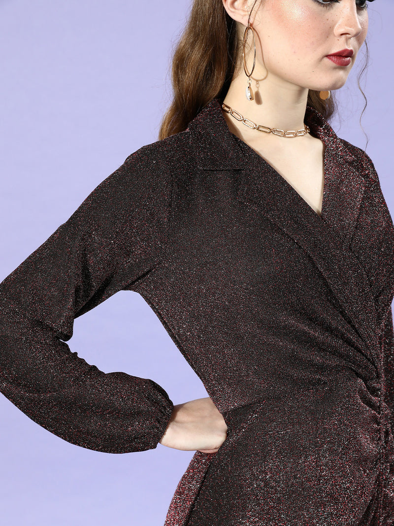 Athena Maroon Lapel Collar Blingy Dress