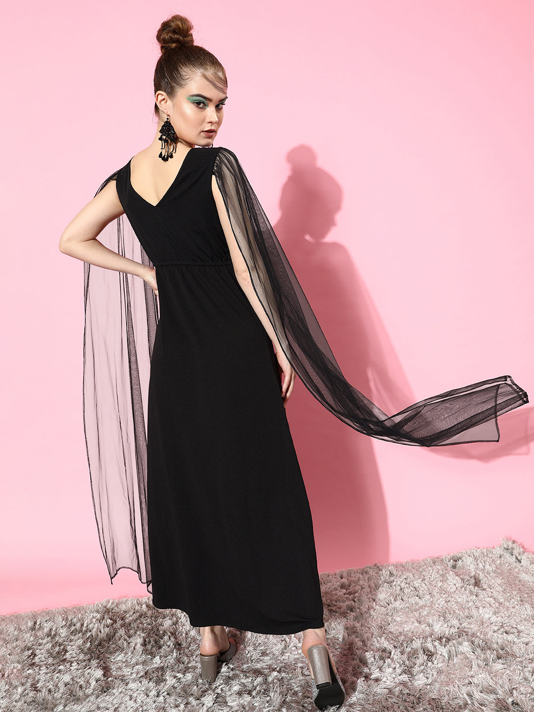 Athena Black Silver Coloured Embellished Sequin Cape Sleeves Net Maxi Dress