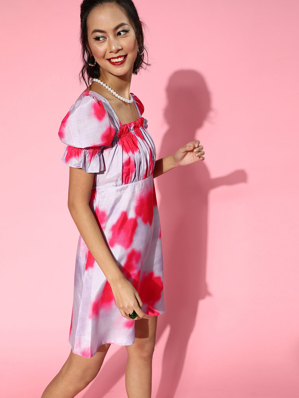Athena Mauve Tie n Dye Puff Sleeve A line Dress