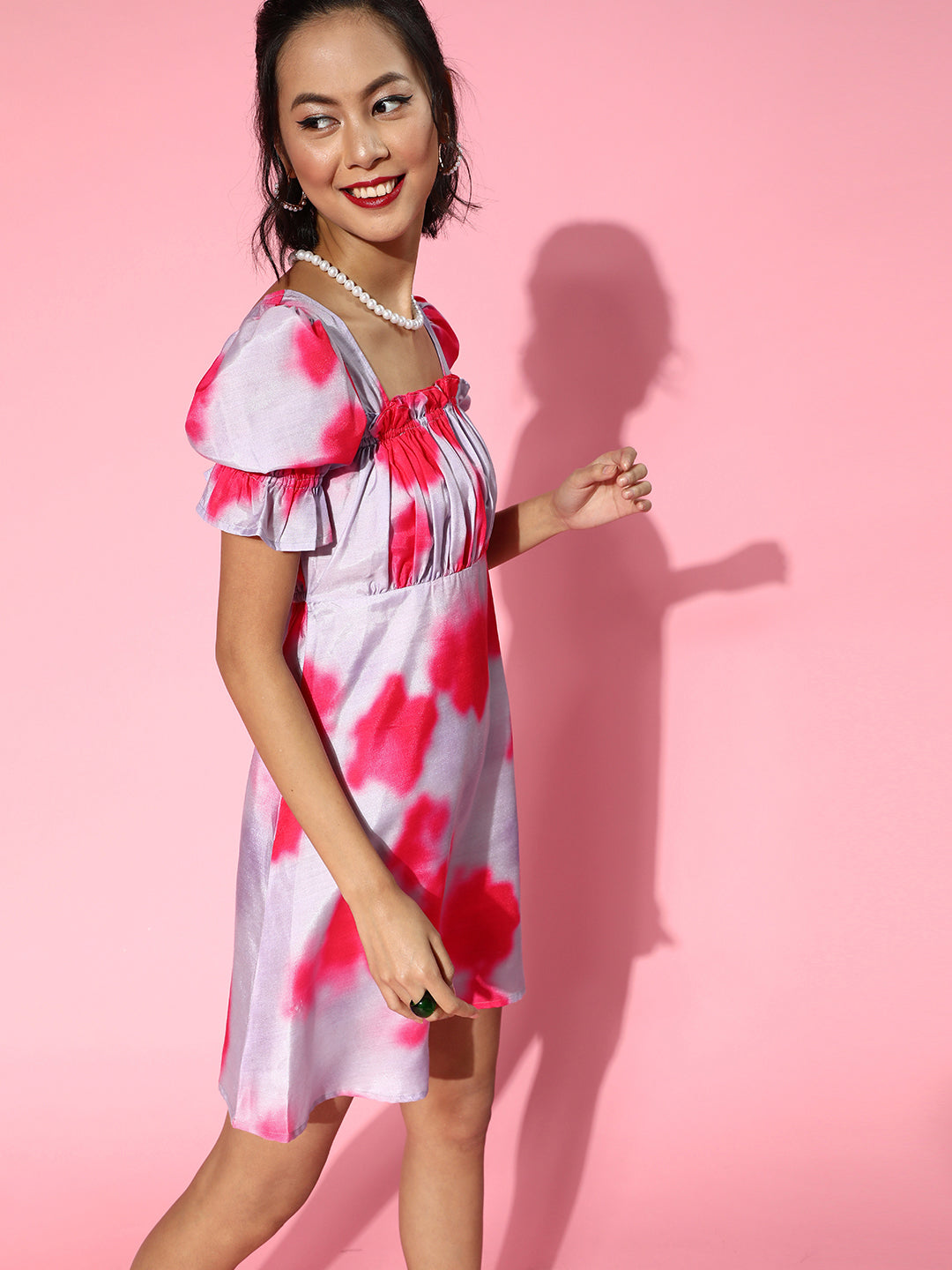 Athena Mauve Tie n Dye Puff Sleeve A line Dress