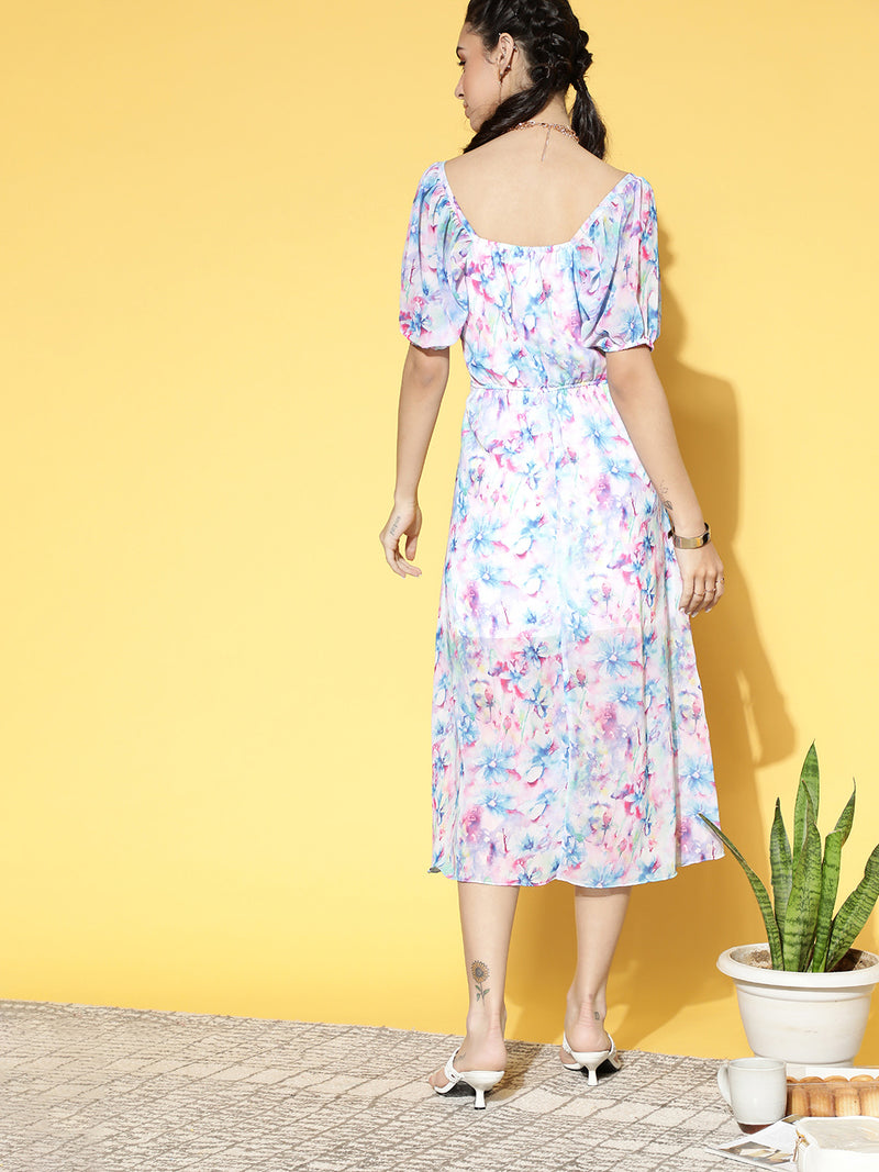 Athena blue floral puff sleeve midi dress