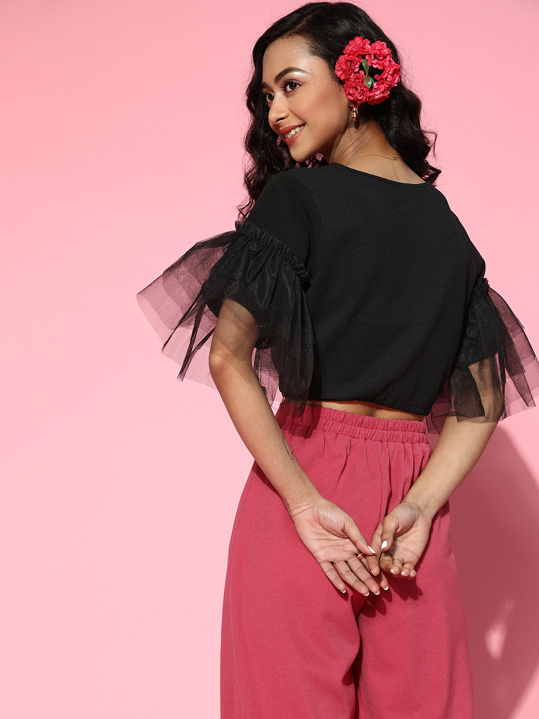 Athena Black frill sleeve tee top
