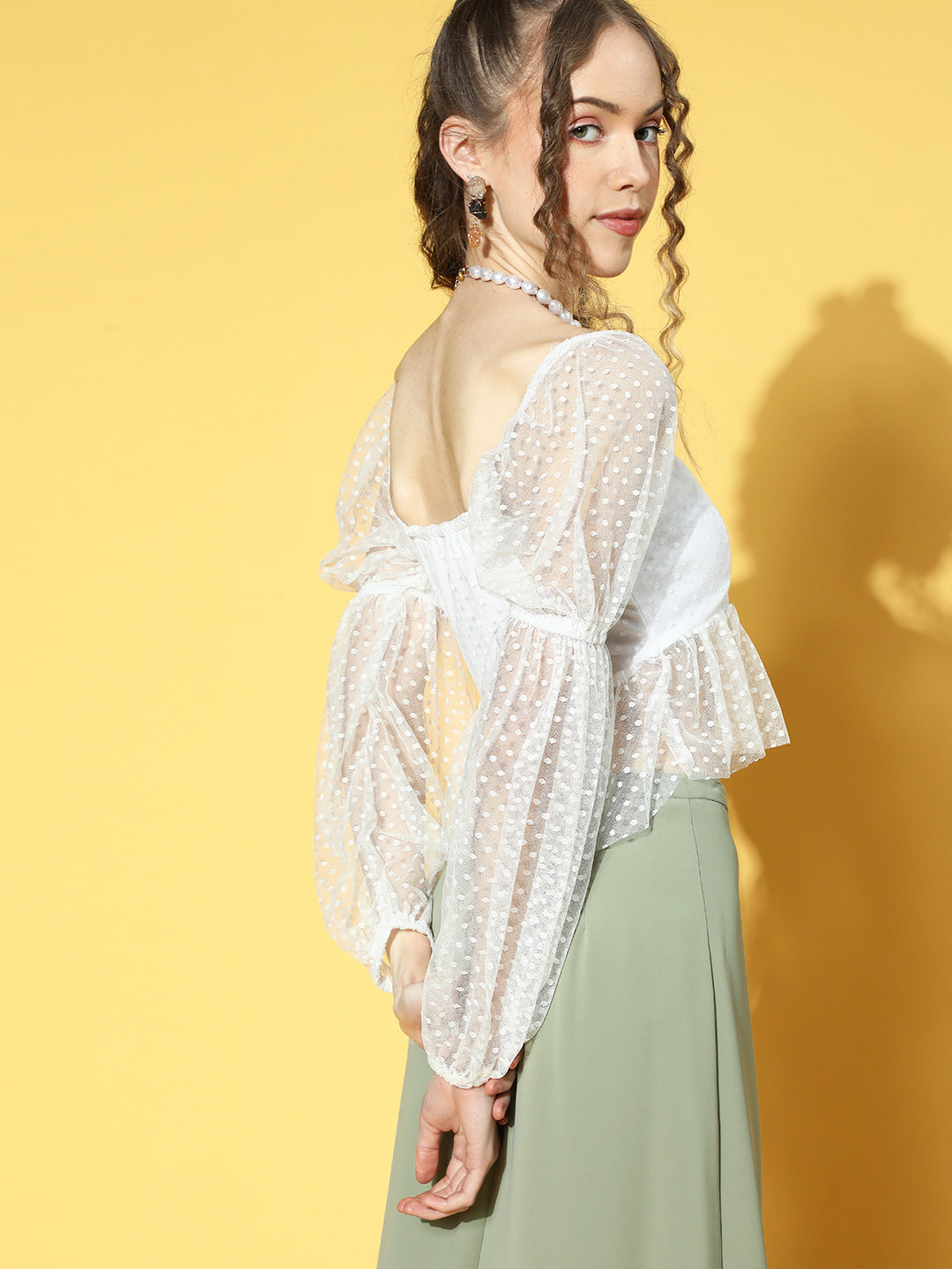 Athena White Full-Sleeve Dobby Sheer Top
