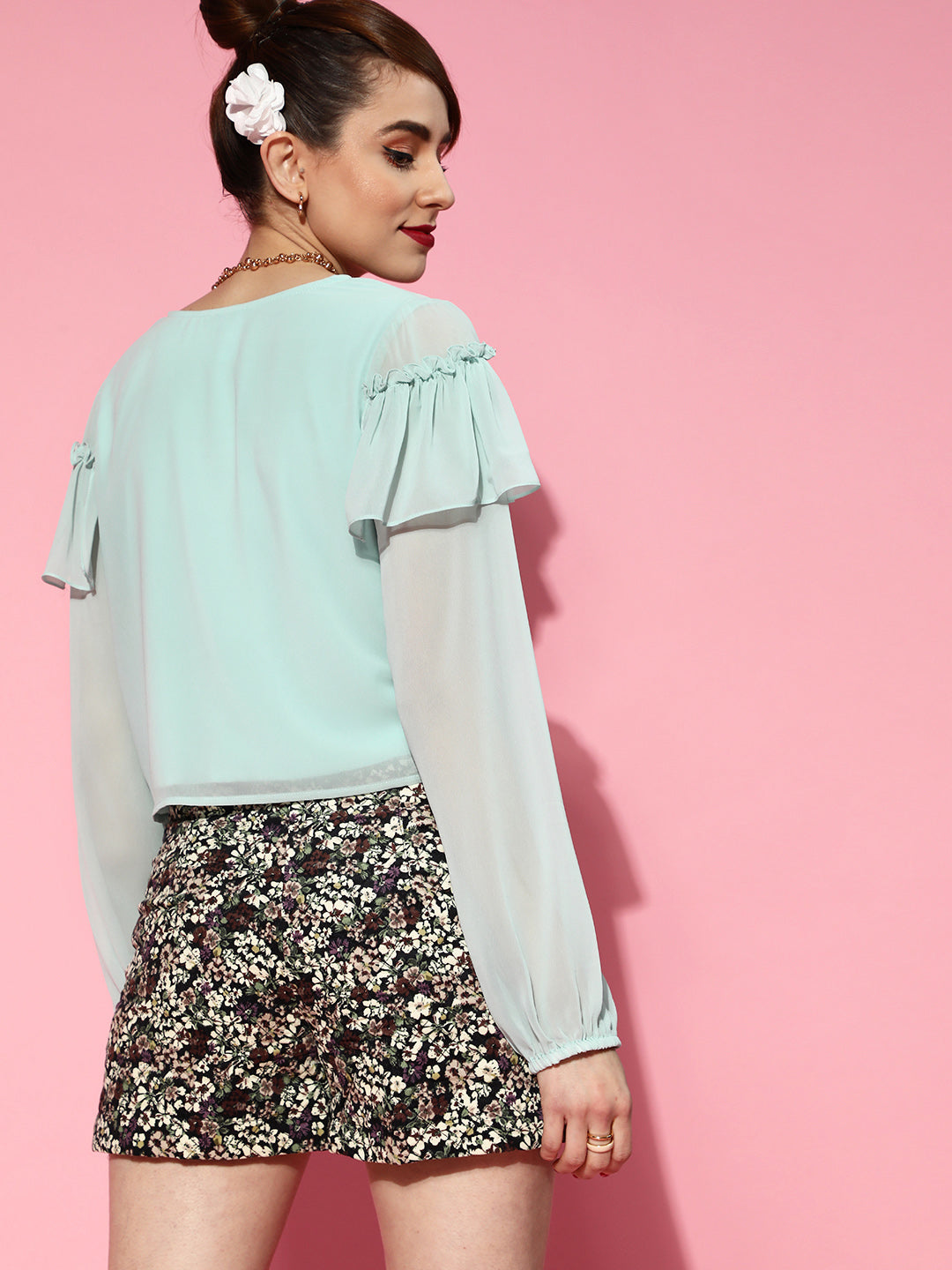 Athena Aloe Green Pink V-Neck Detail Full-Sleeve Top
