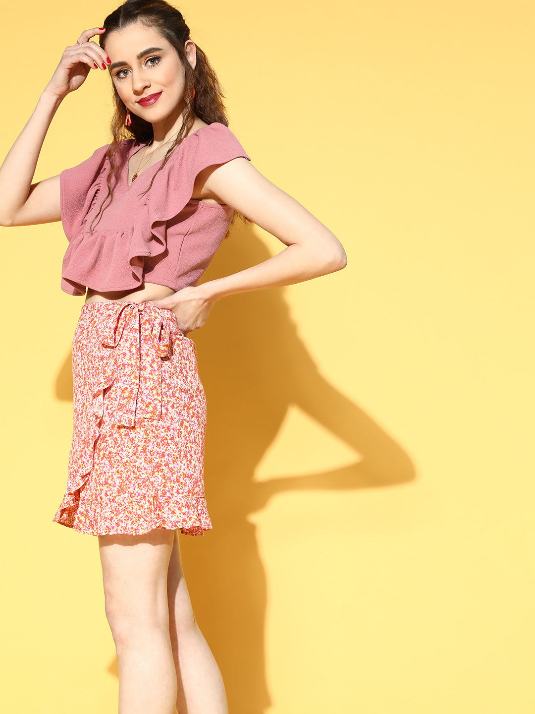 Athena Women Rose Solid Ruffled Top