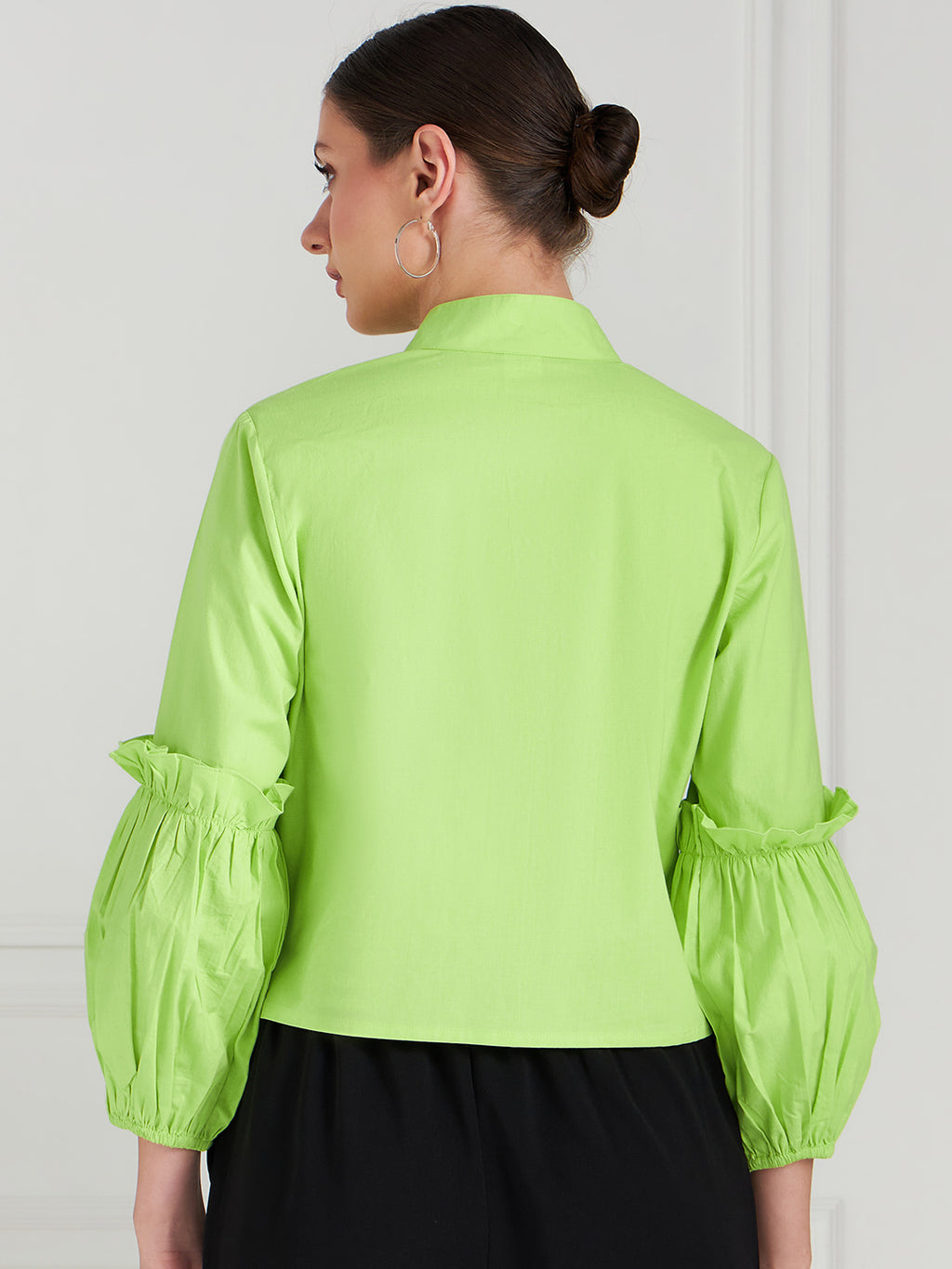 Athena Lime Green Shirt-Collar Cuffed Sleeves Ruffled Cotton Shirt-Style Top
