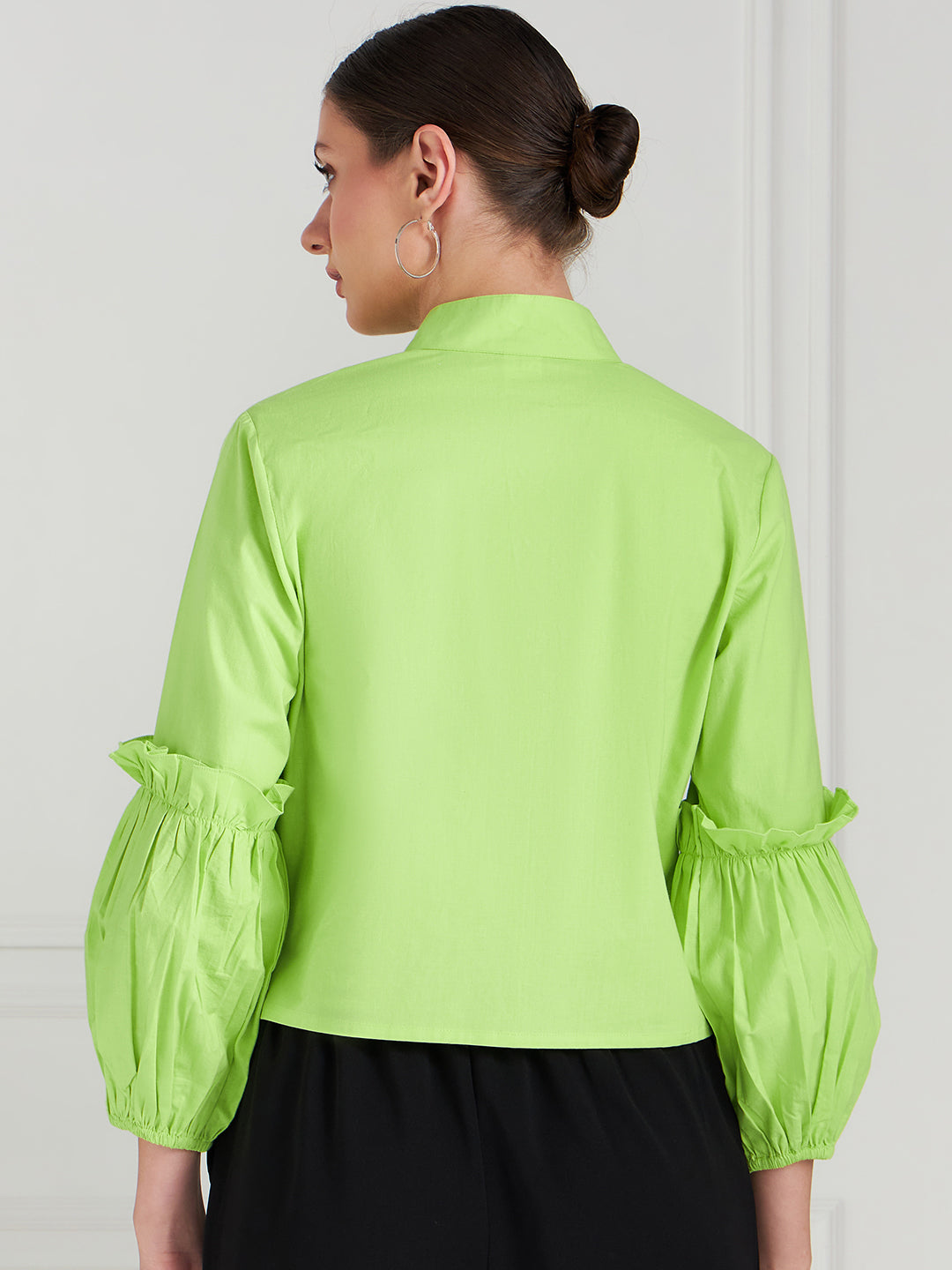 Athena Lime Green Shirt-Collar Cuffed Sleeves Ruffled Cotton Shirt-Style Top