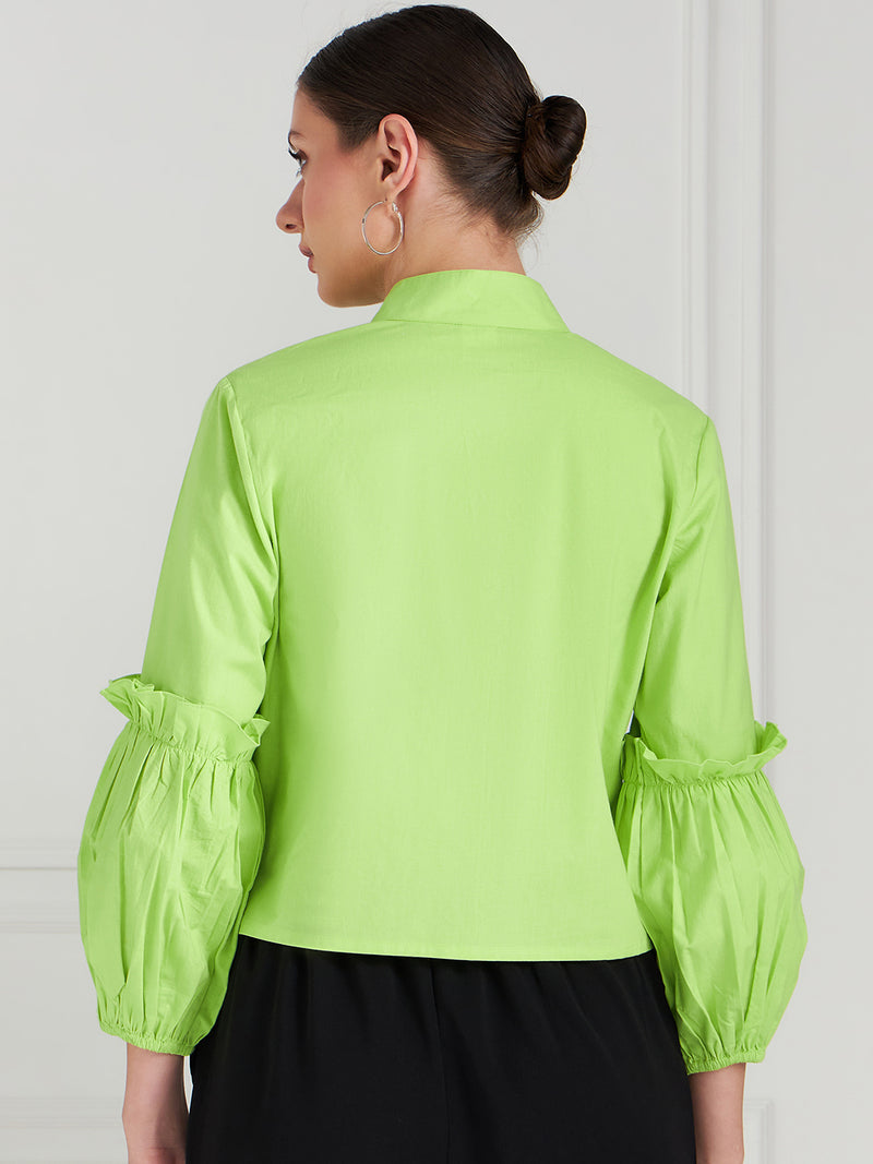Athena Lime Green Shirt-Collar Cuffed Sleeves Ruffled Cotton Shirt-Style Top