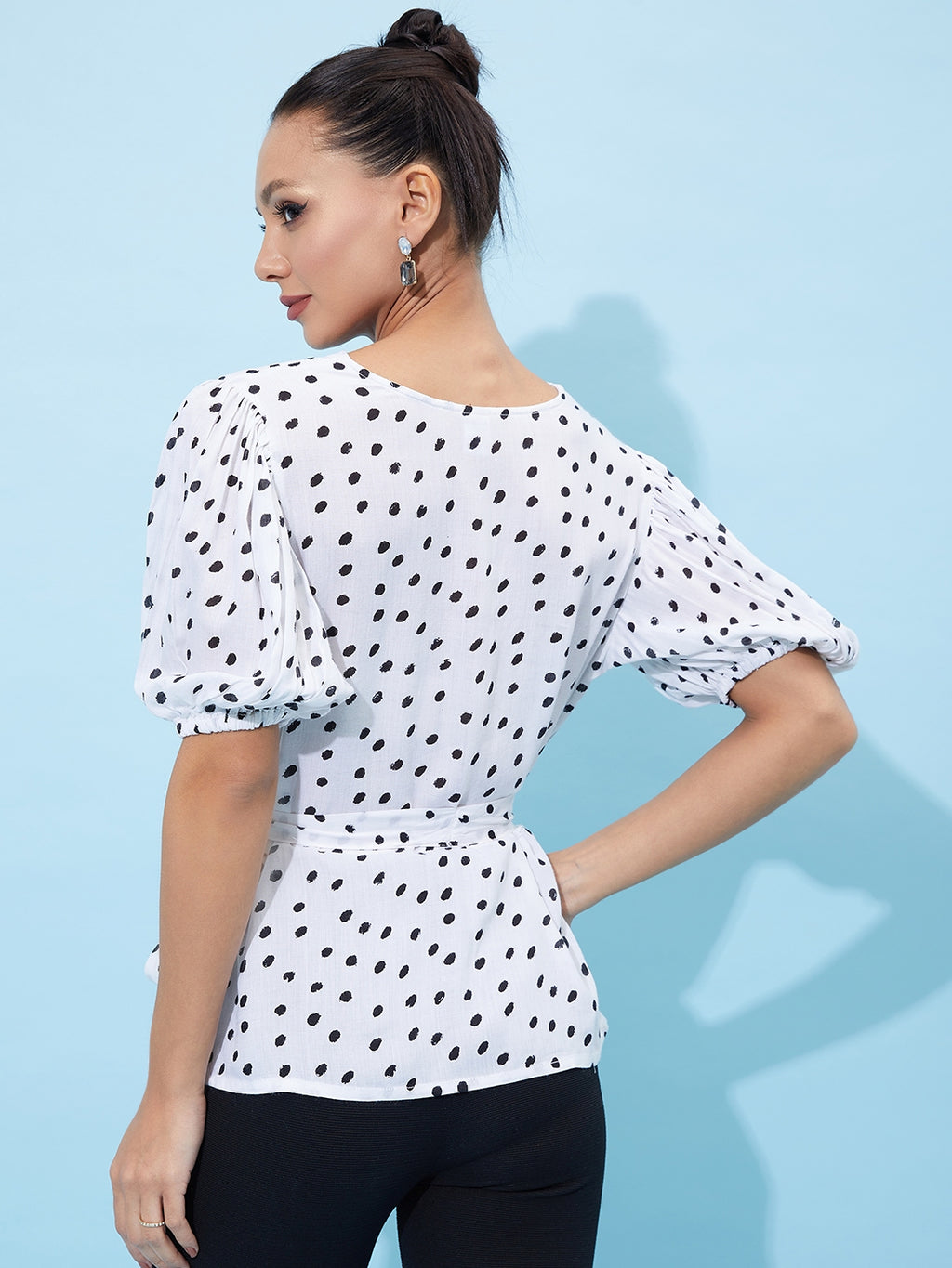 Athena V-Neck Polka Dot Printed Tie Up Puff Sleeve Top