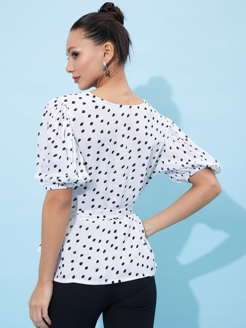 Athena V-Neck Polka Dot Printed Tie Up Puff Sleeve Top