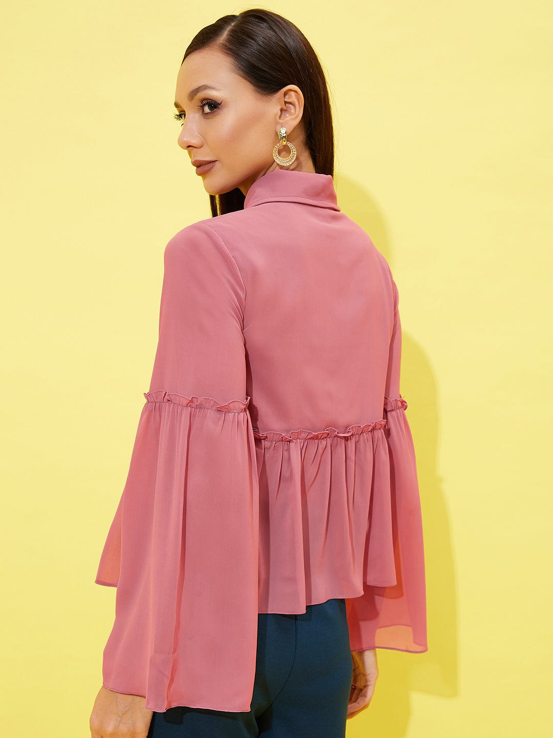 Athena Bell-Sleeve Ruffled Shirt-Style Top