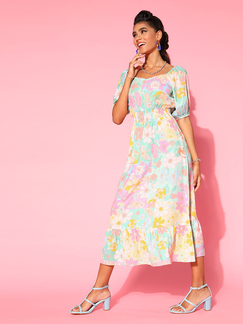 Athena Women Elegant Yellow Floral Sun Dress