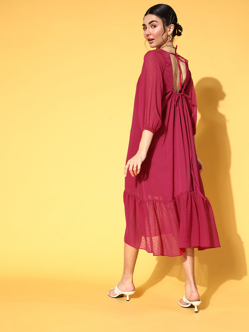 Athena Maroon Solid Midi Tiered Dress With Backless Detail