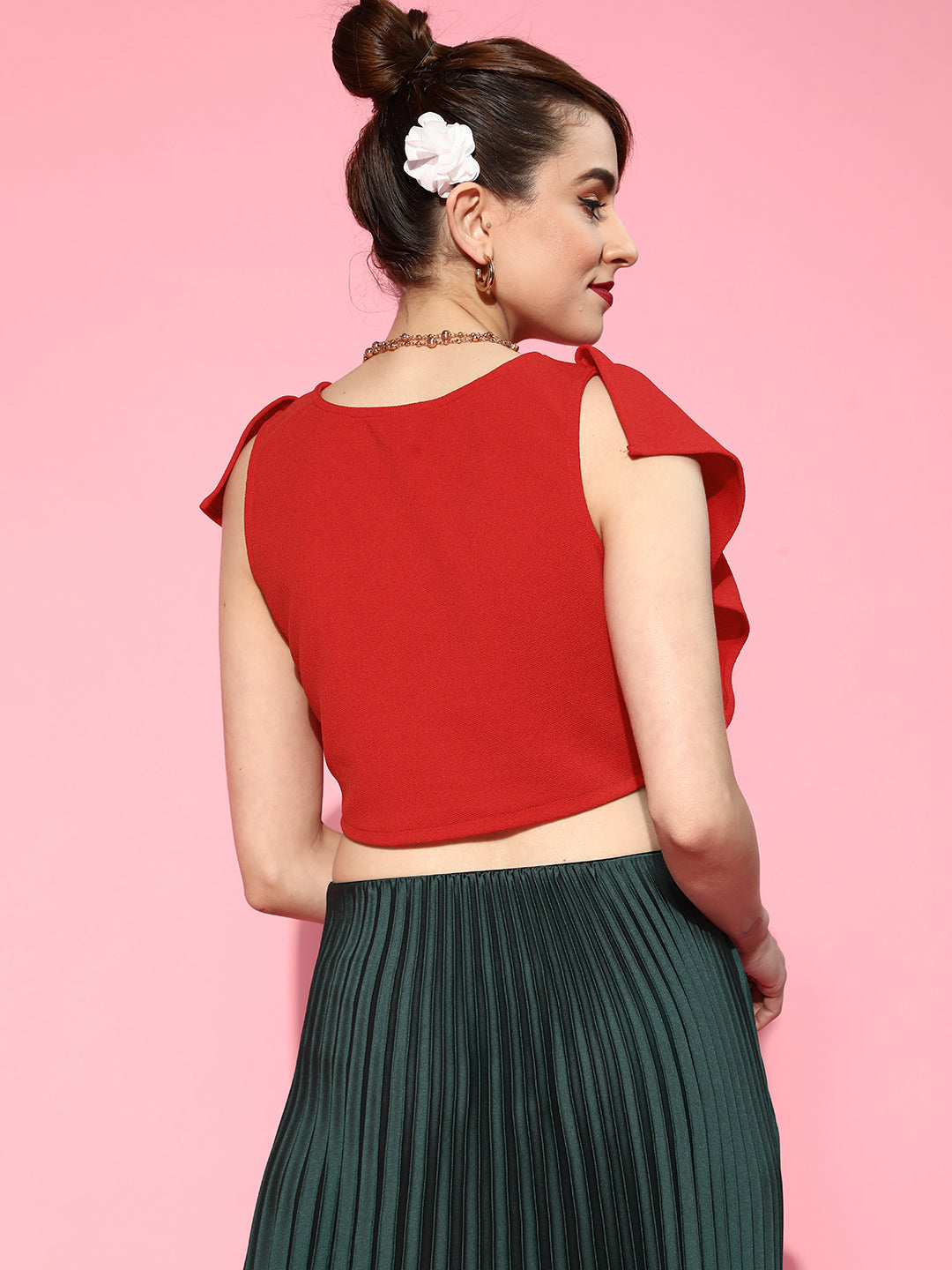 Athena Women Gorgeous Red Solid Ruffled Top