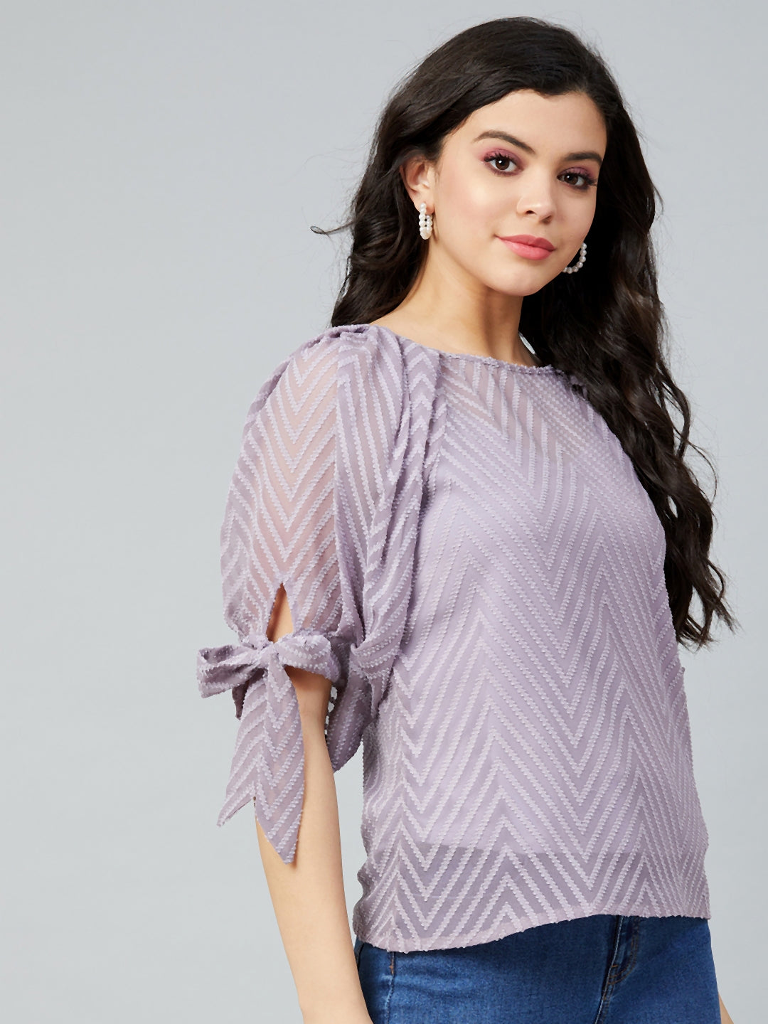 Athena Lavender Self-Design Puff Sleeves Dobby Top