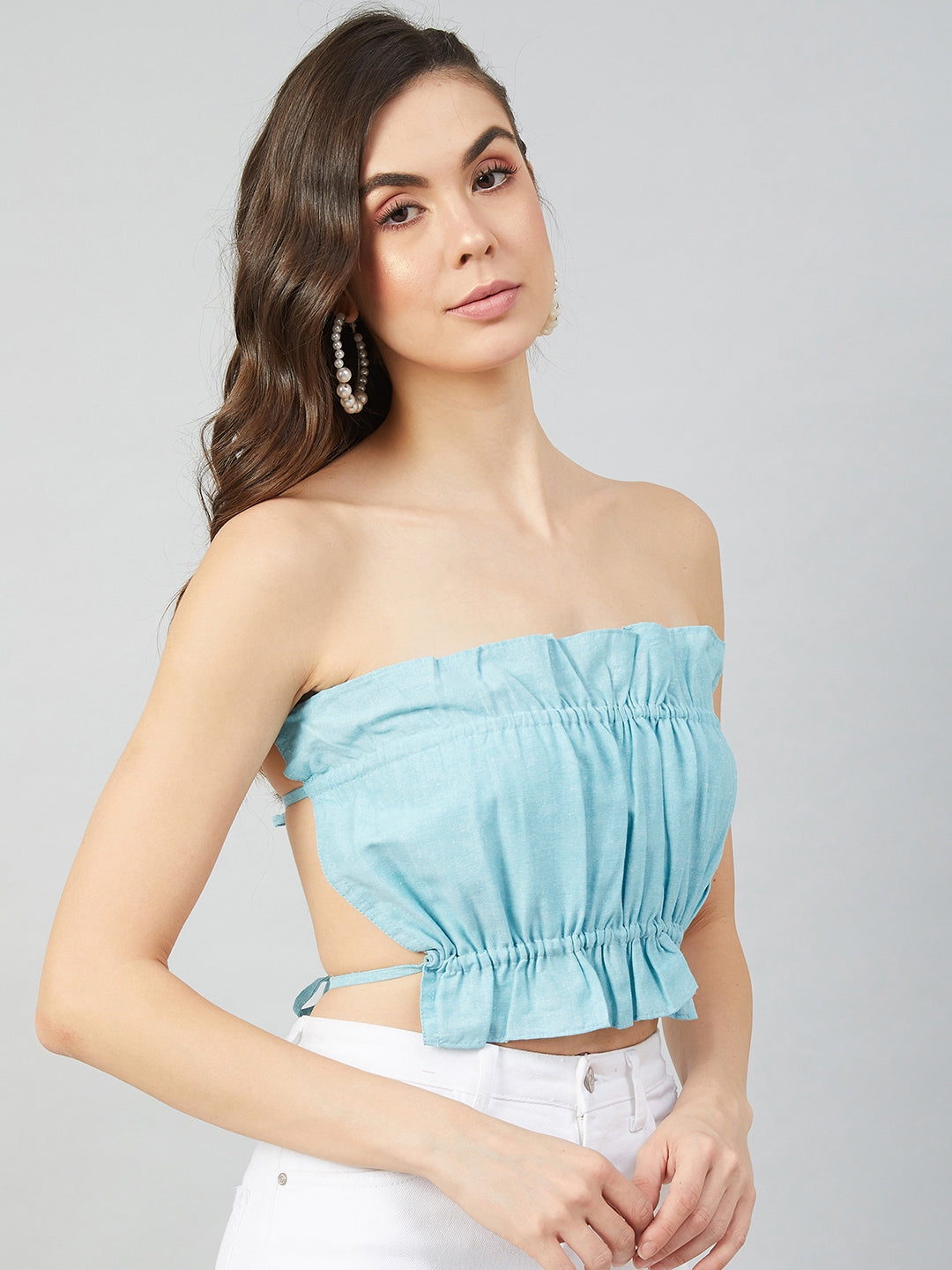 Athena Women Blue Linen Tube Crop Top