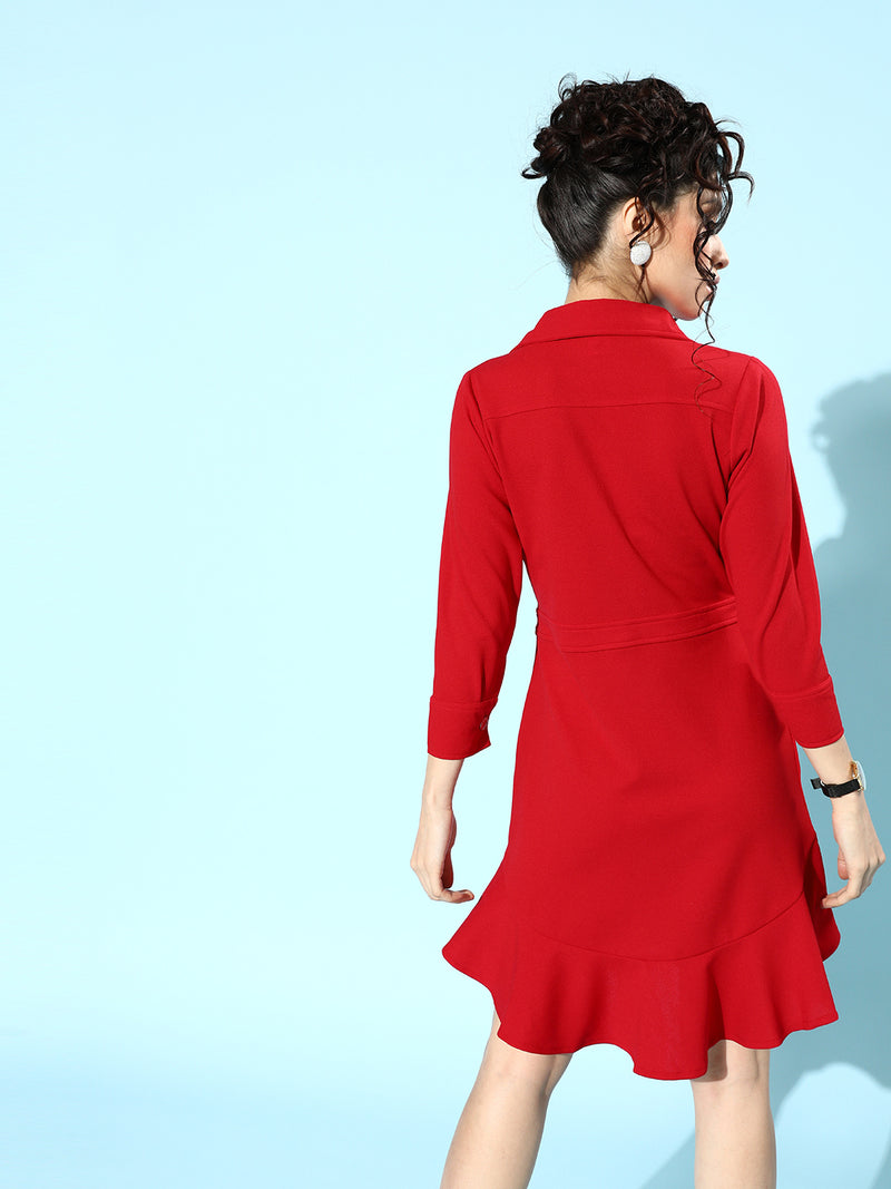 Athena Women Red Solid Collared Fit & Flare Dress