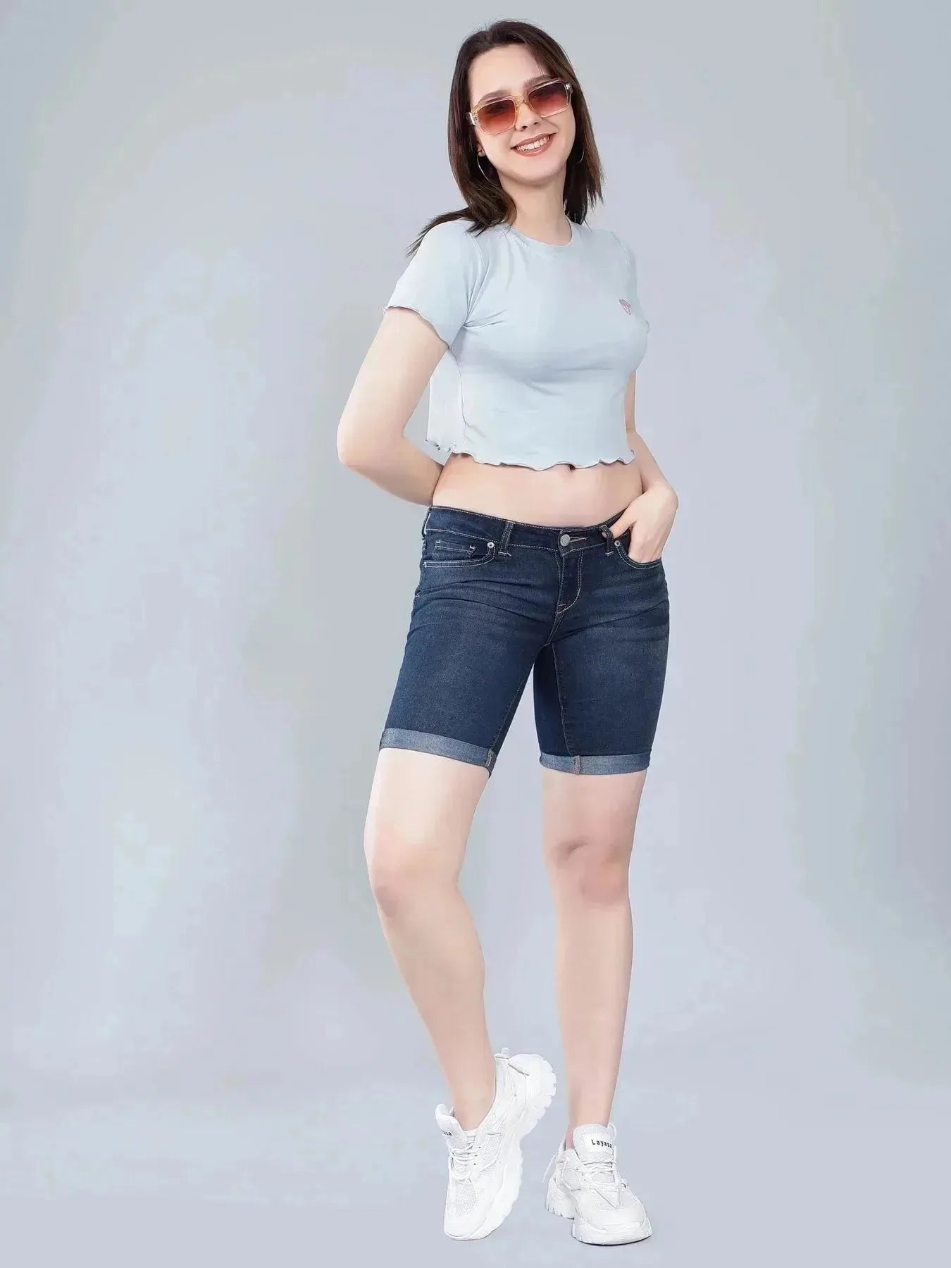 Strawberry Embroidery Crop Tee - Sky Blue