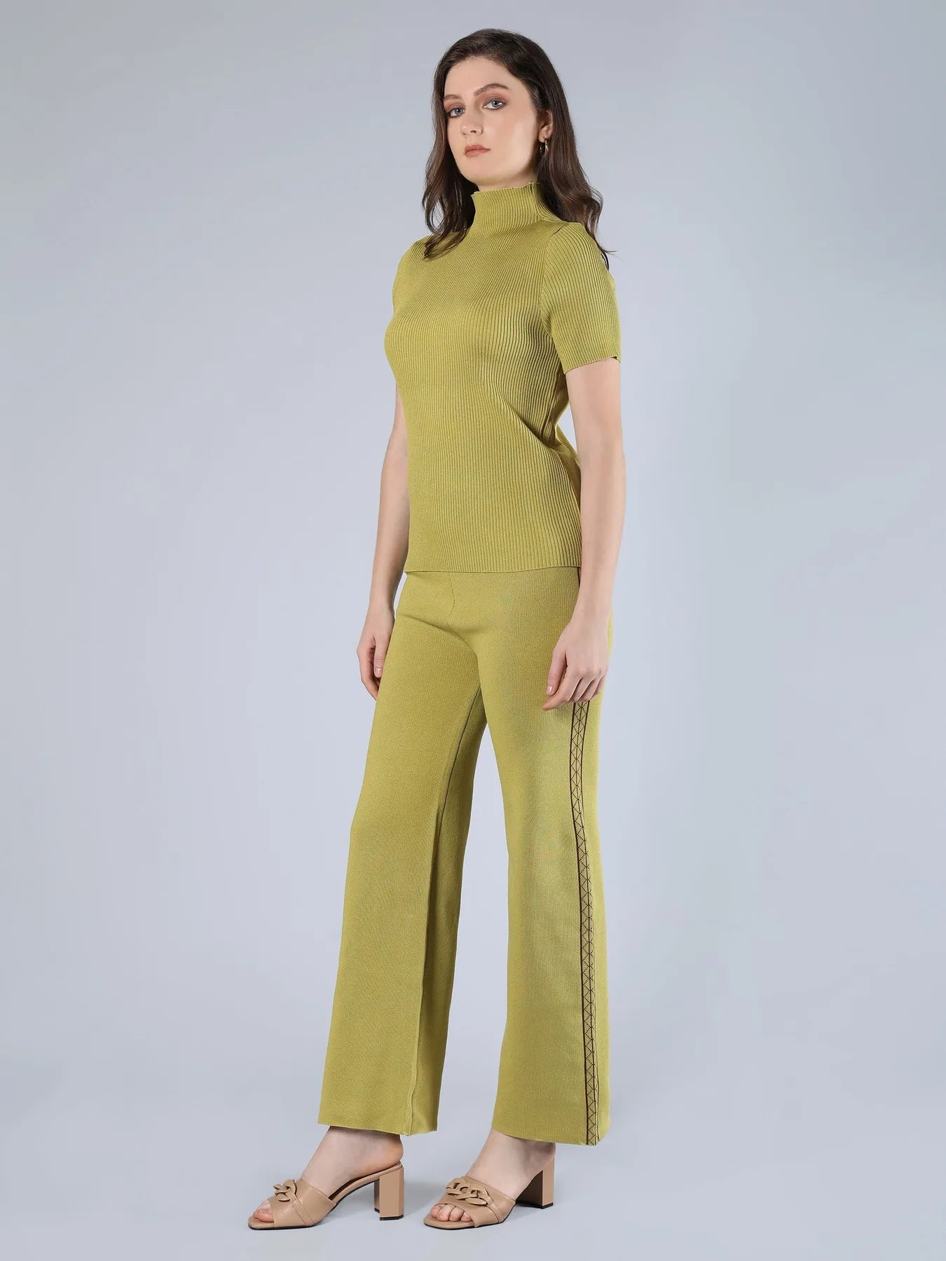 Warm Knitted Three Piece Set - Olive