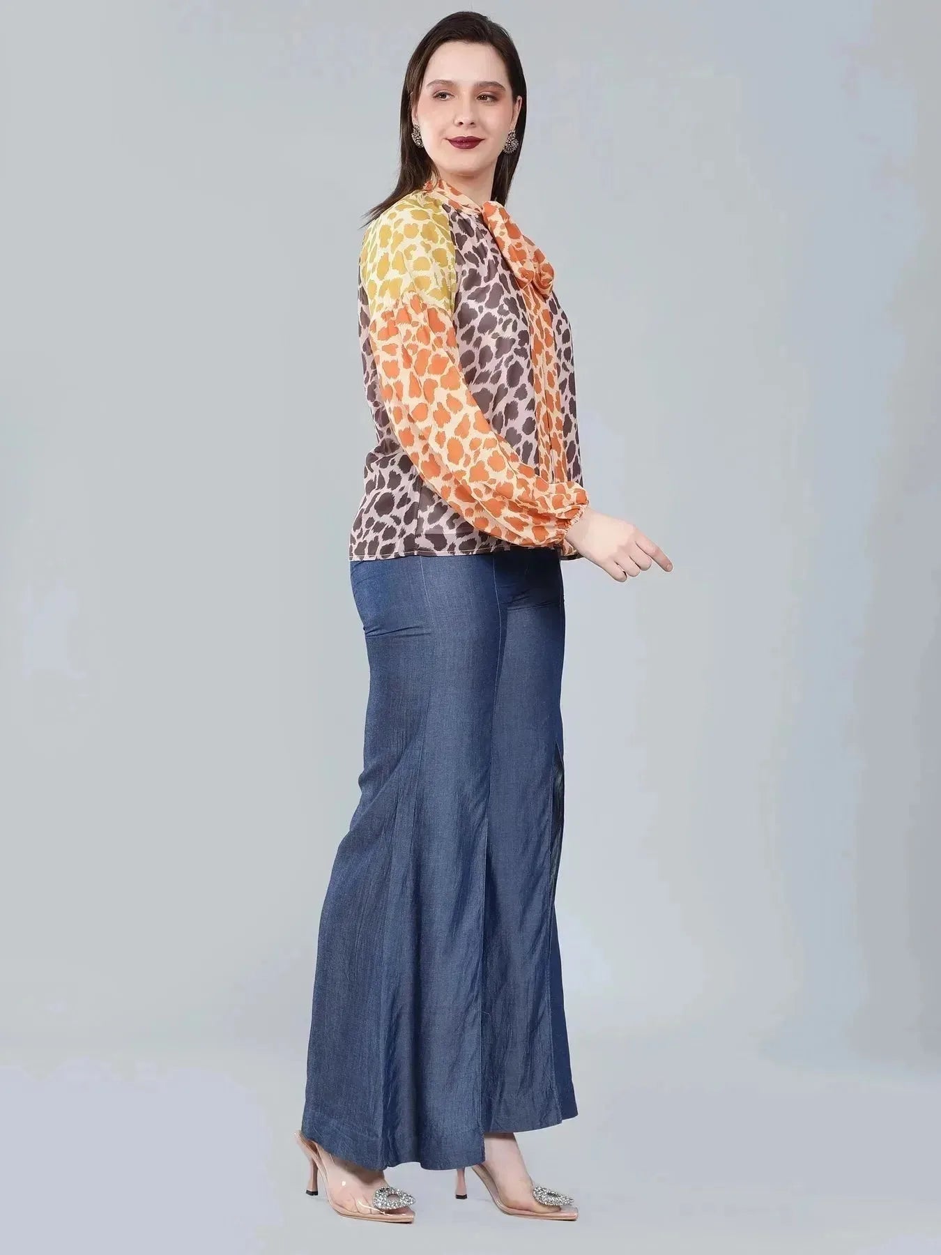 Leopard Print Colorblock Tie Neck Blouse - Multi