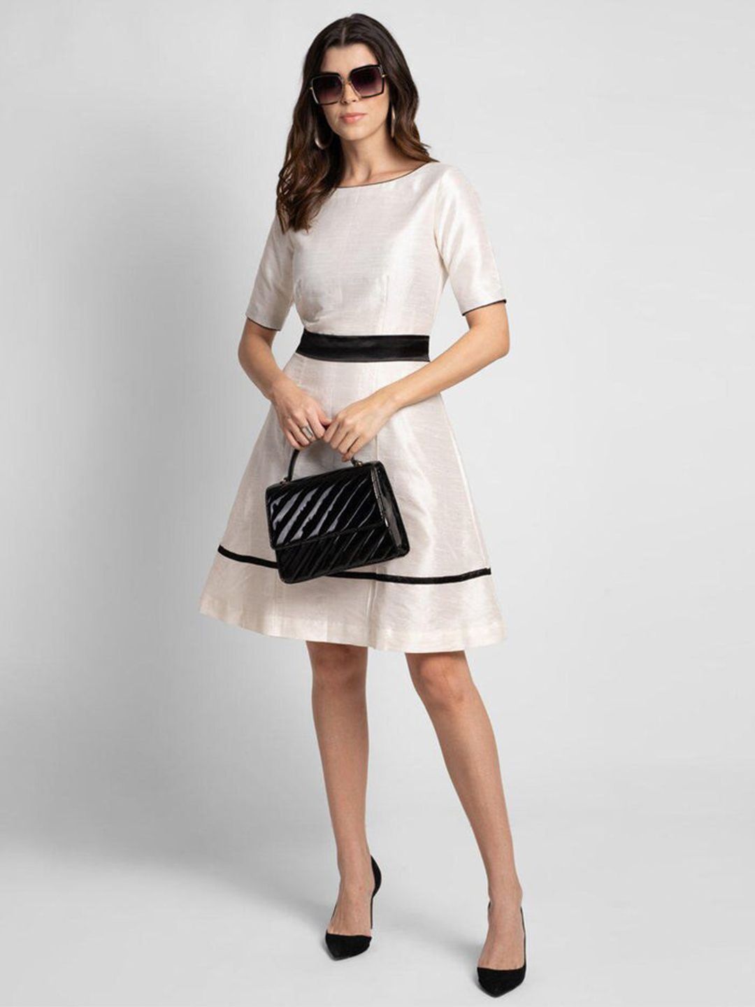Women Creamy White Dupioni Evening Fit and Flare Dress