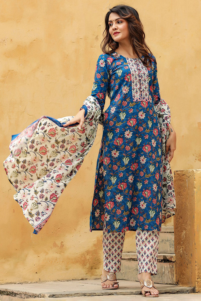 Blue Rayon Blend Floral Printed Straight Suit Set - Blue