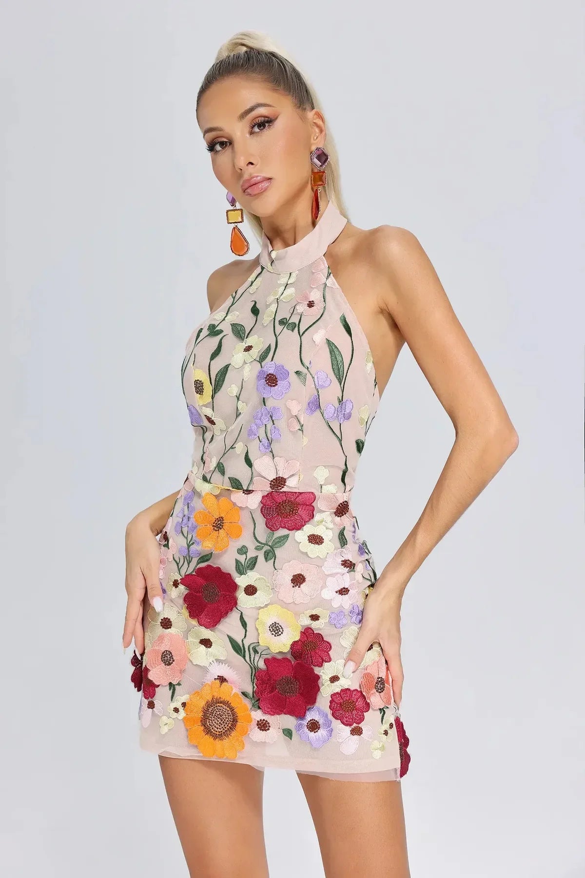 Mock Neck Short Dress - Nude