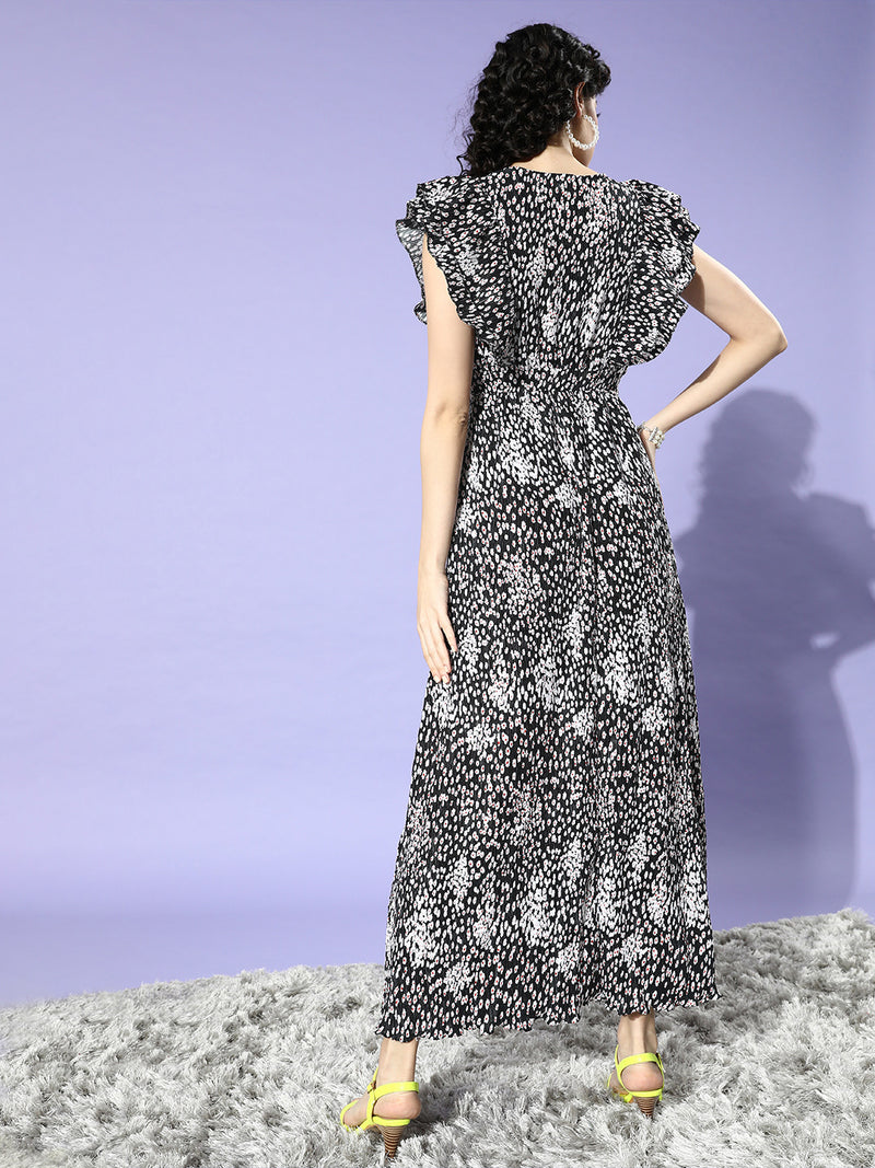Athena Women Black Floral Feminine Frills Dress