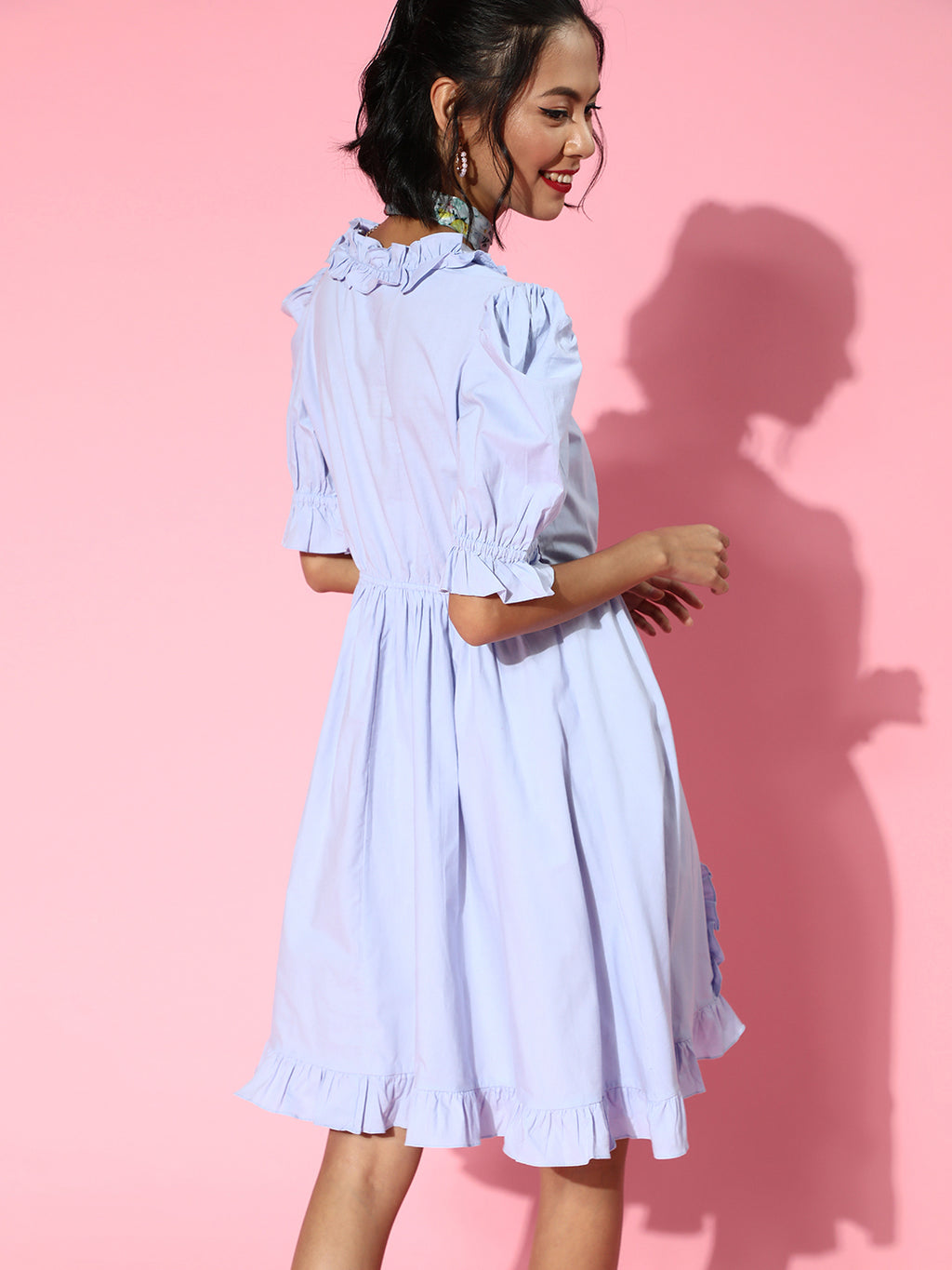 Athena lite blue cotton ruffle and Front BowDetail Dress