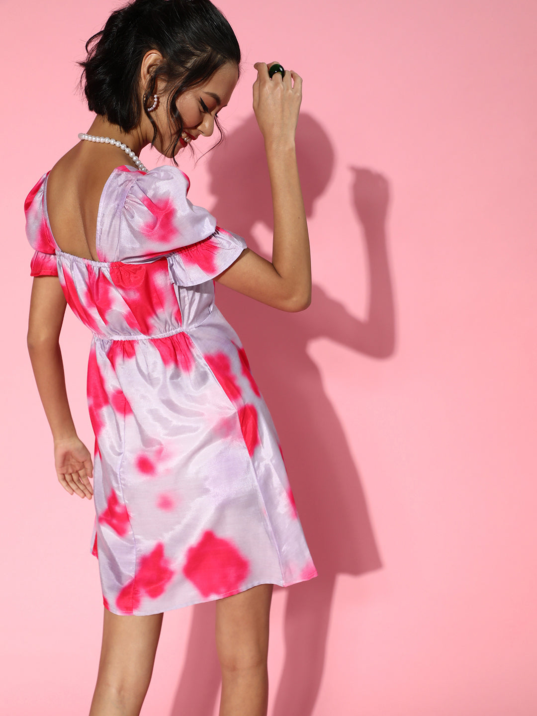 Athena Mauve Tie n Dye Puff Sleeve A line Dress