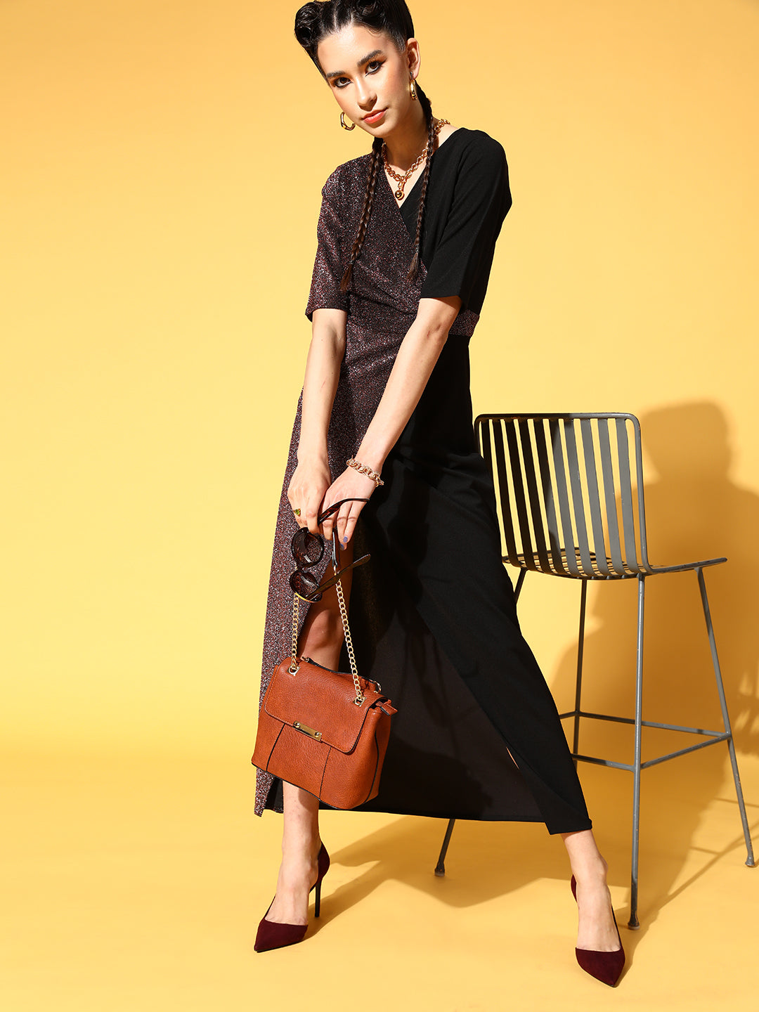 Athena Black Red Sparkle Color Blocking Dress
