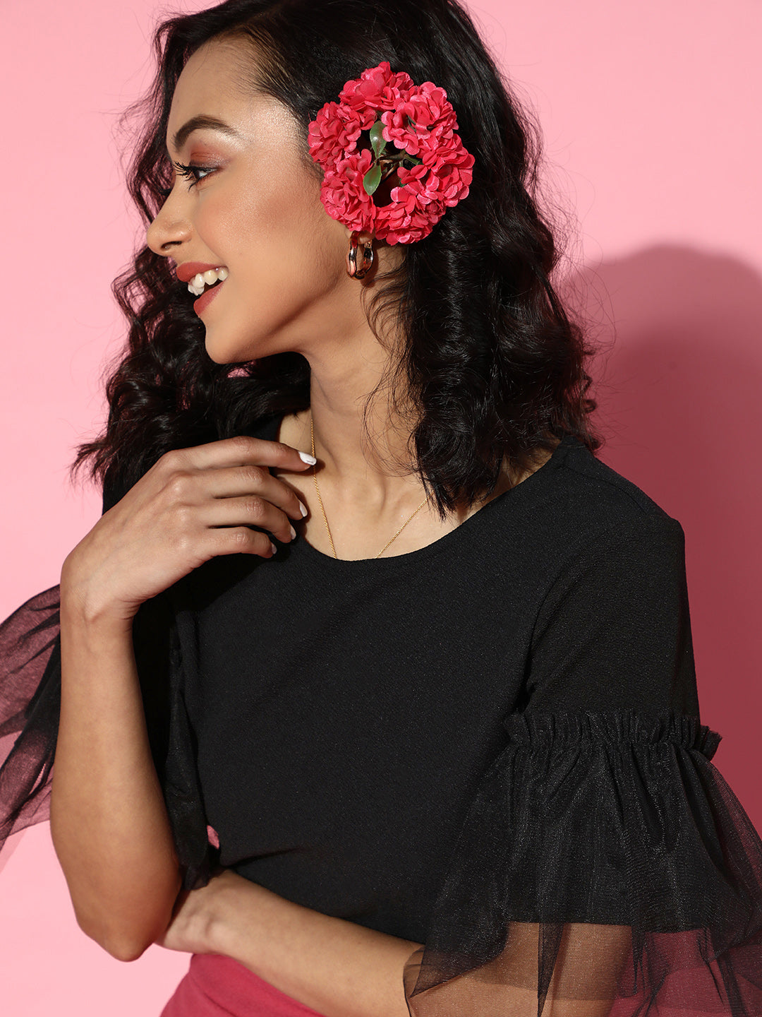 Athena Black frill sleeve tee top