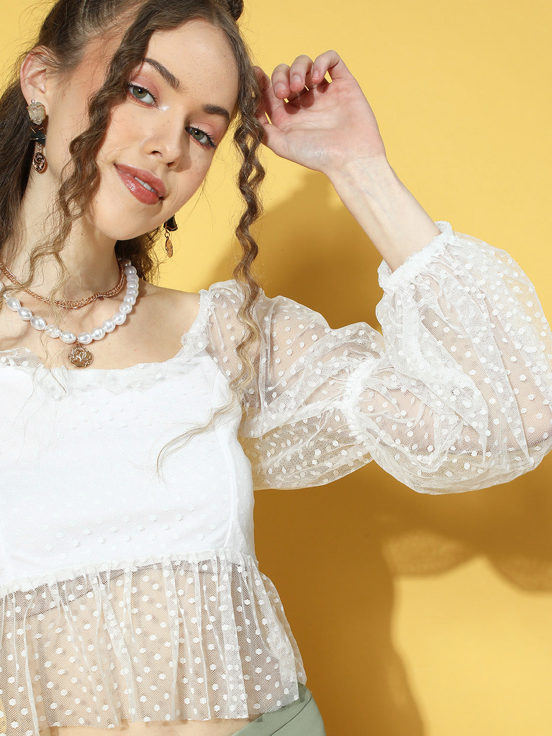 Athena White Full-Sleeve Dobby Sheer Top