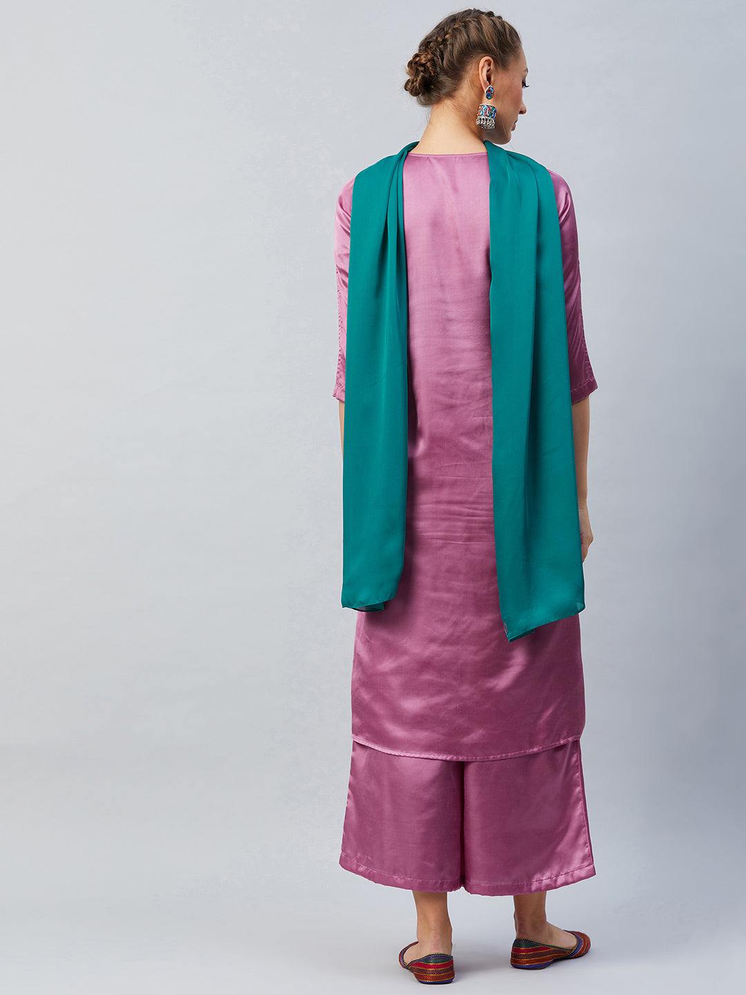 Athena Women Purple Pleated Mirror Work Kurta With Palazzos Dupatta