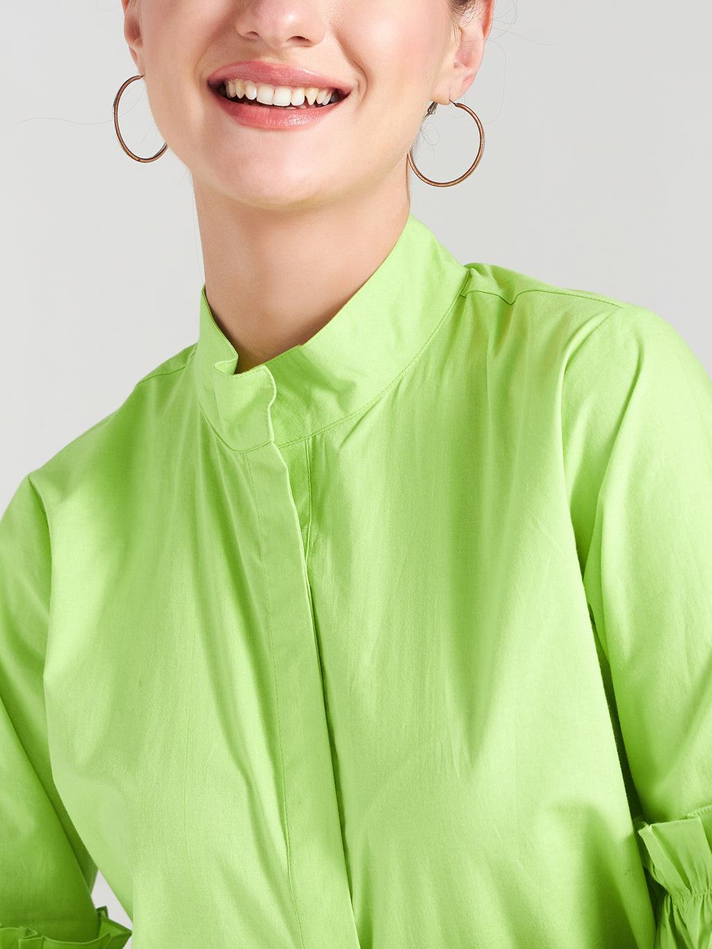 Athena Lime Green Shirt-Collar Cuffed Sleeves Ruffled Cotton Shirt-Style Top