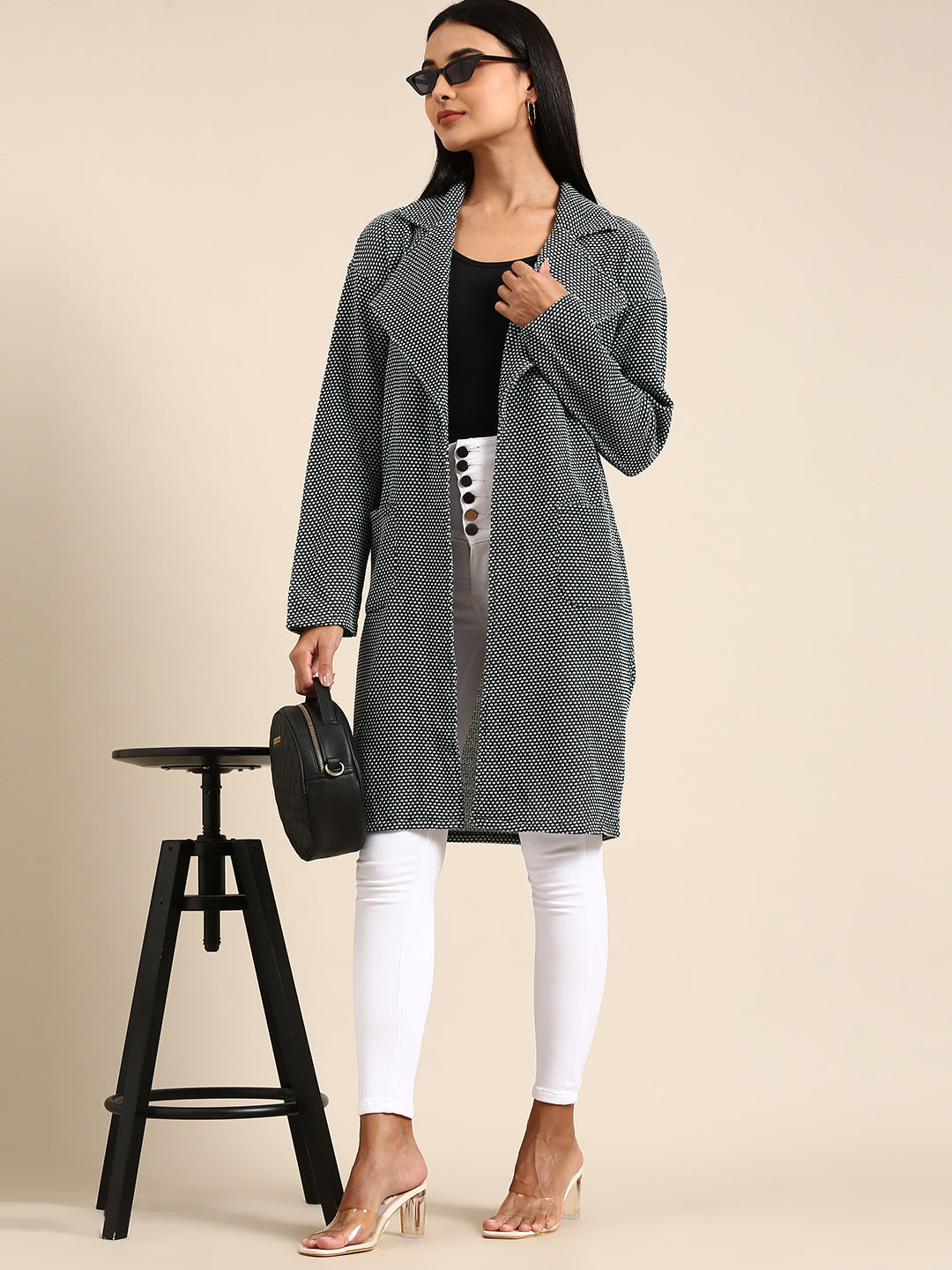Athena Women Sea Green Black Longline Shrug