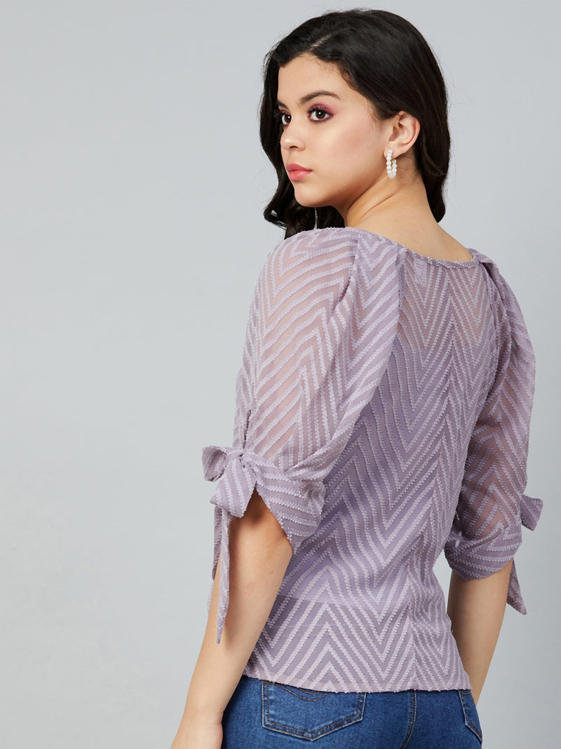 Athena Lavender Self-Design Puff Sleeves Dobby Top