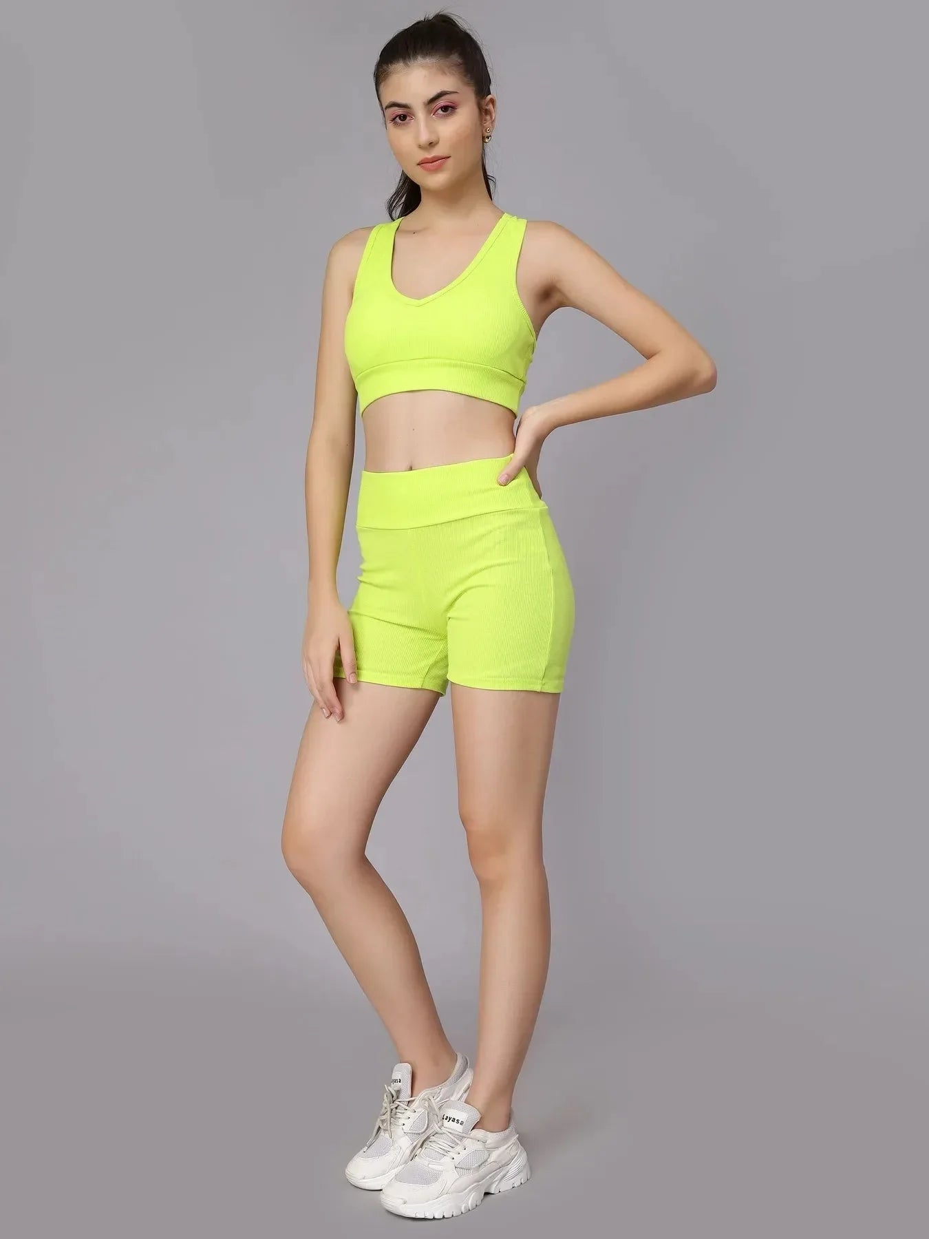 Rib Knit Two Piece Athleisure Set - Neon