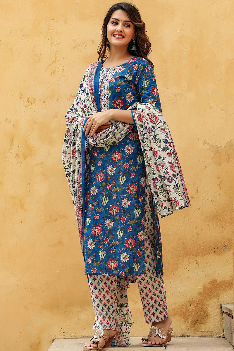 Blue Rayon Blend Floral Printed Straight Suit Set - Blue