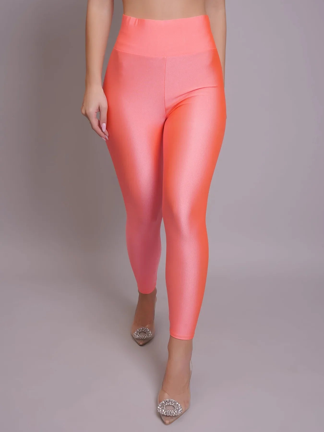 High Waisted Glossy Leggings - Peach