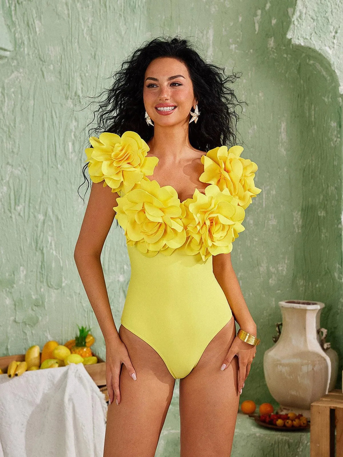 Flower Monokini With Skirt - Yellow